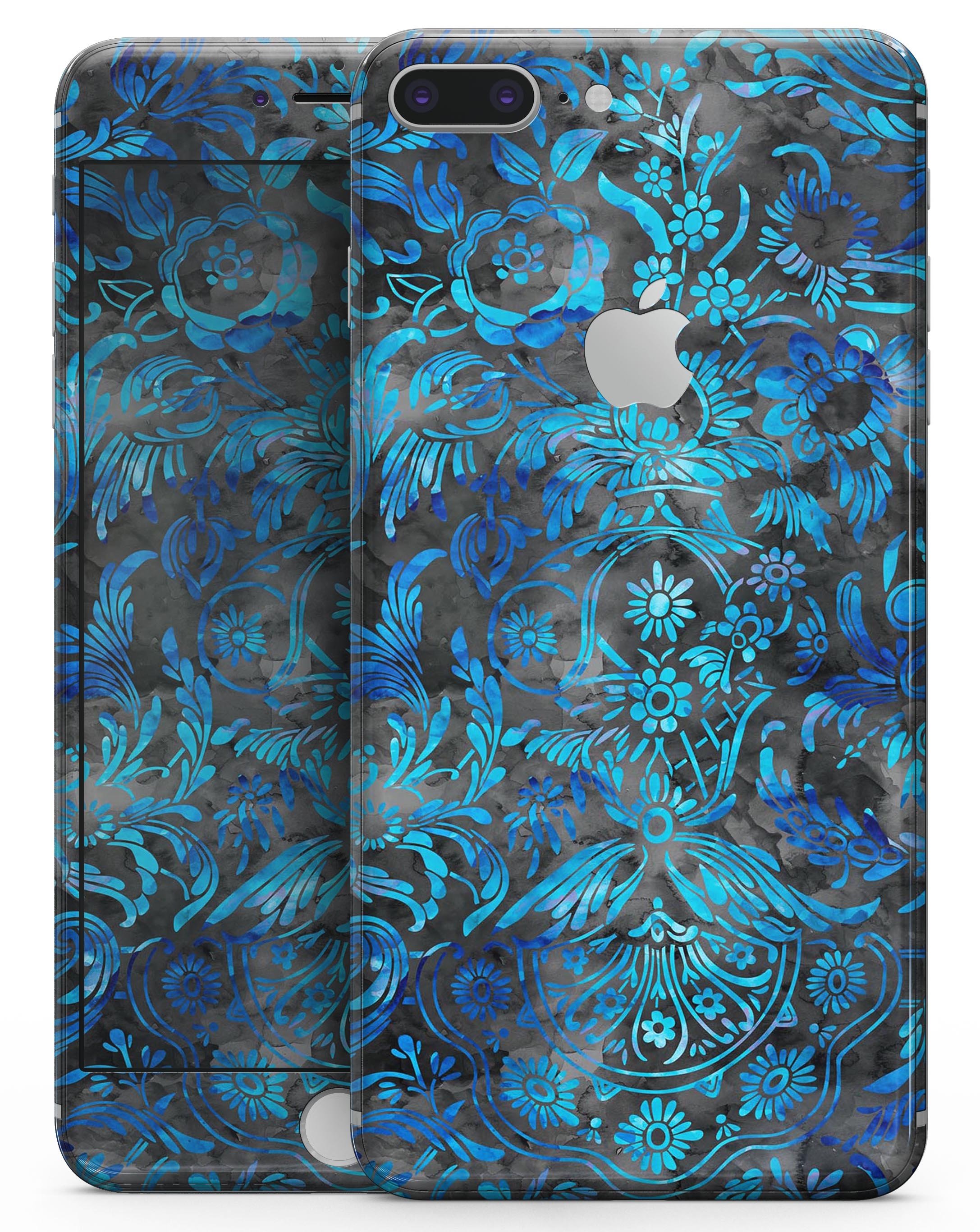 Black and Blue Damask Watercolor Pattern skin for iPhone 8, showcasing vibrant colors and intricate design.