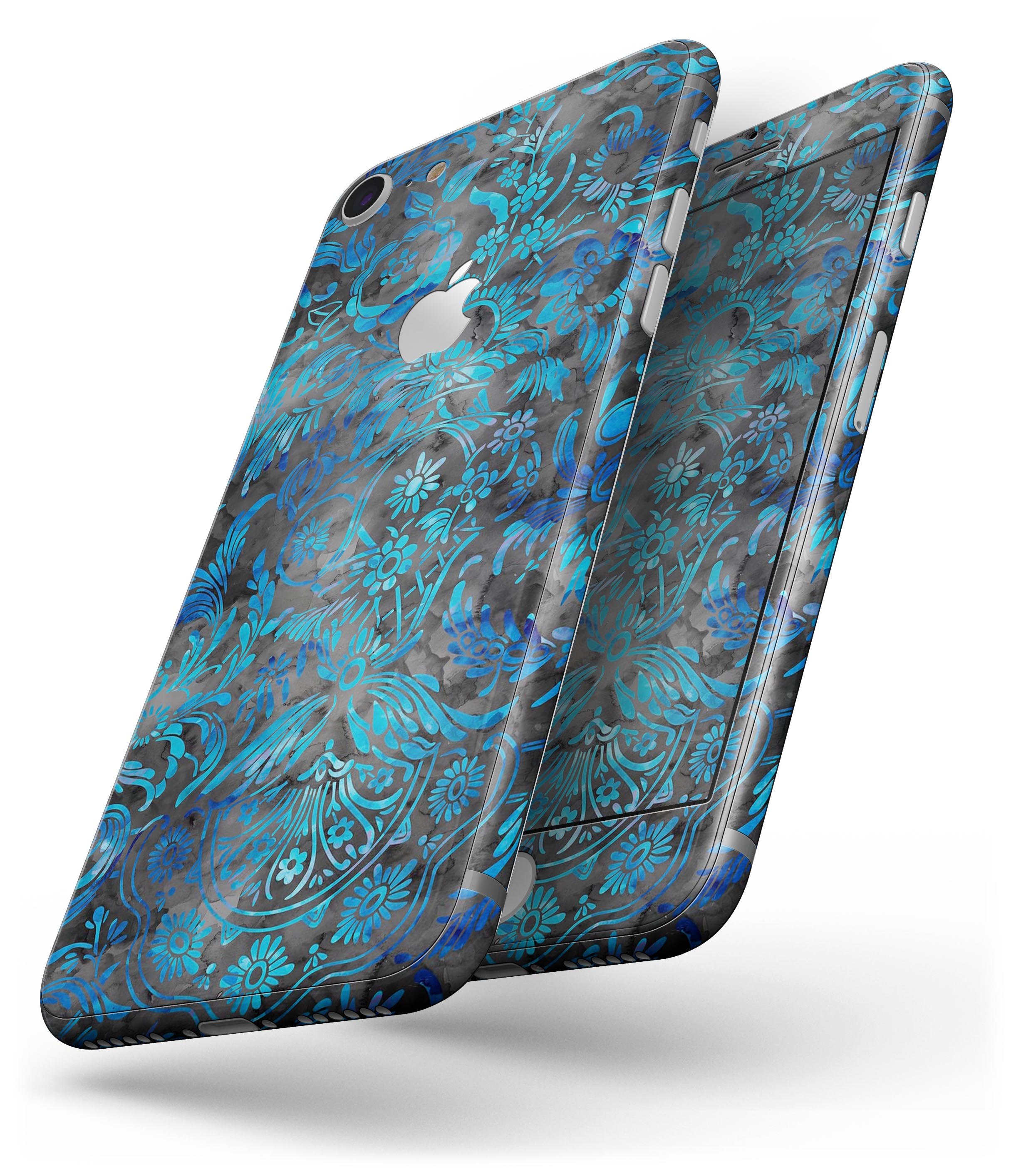 Black and Blue Damask Watercolor Pattern skin for iPhone 8, showcasing vibrant colors and intricate design.