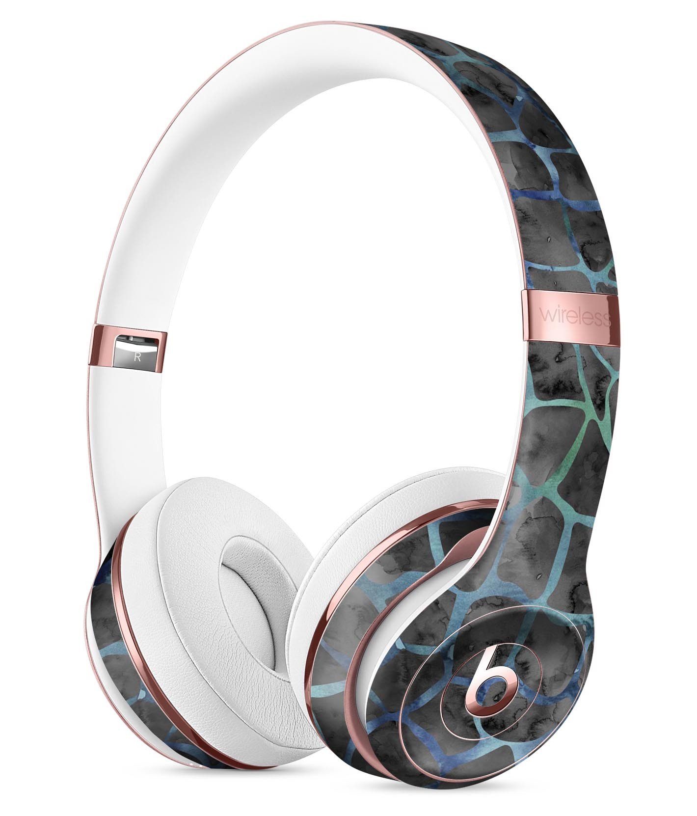 Black and blue watercolor giraffe pattern skin kit for Beats by Dre Solo 3 Wireless Headphones, showcasing vibrant colors and unique design.