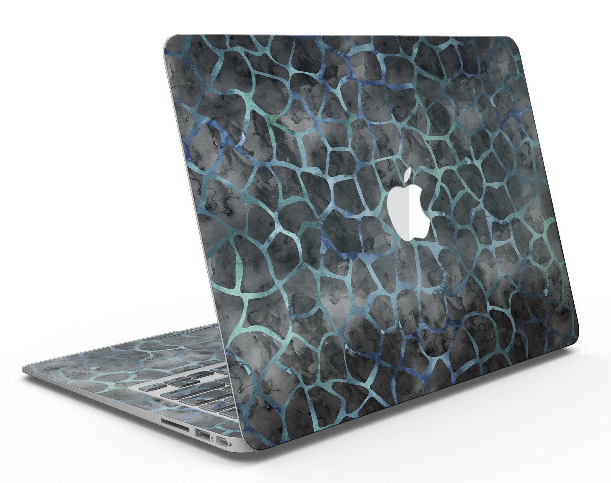 Black and blue watercolor giraffe pattern skin for MacBook Air, showcasing vibrant colors and unique design.