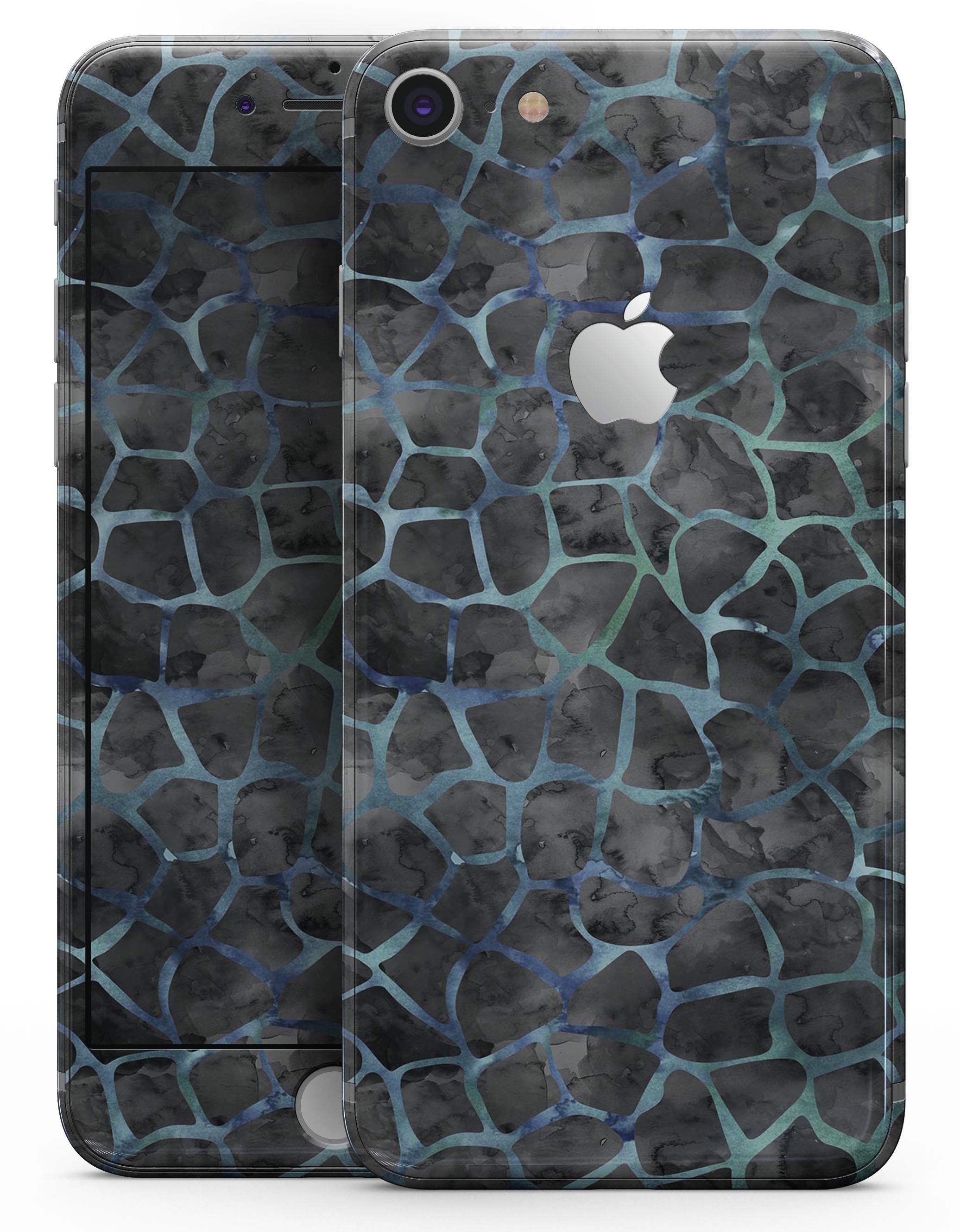 Black and blue watercolor giraffe pattern skin for iPhone 8, showcasing vibrant colors and unique design.