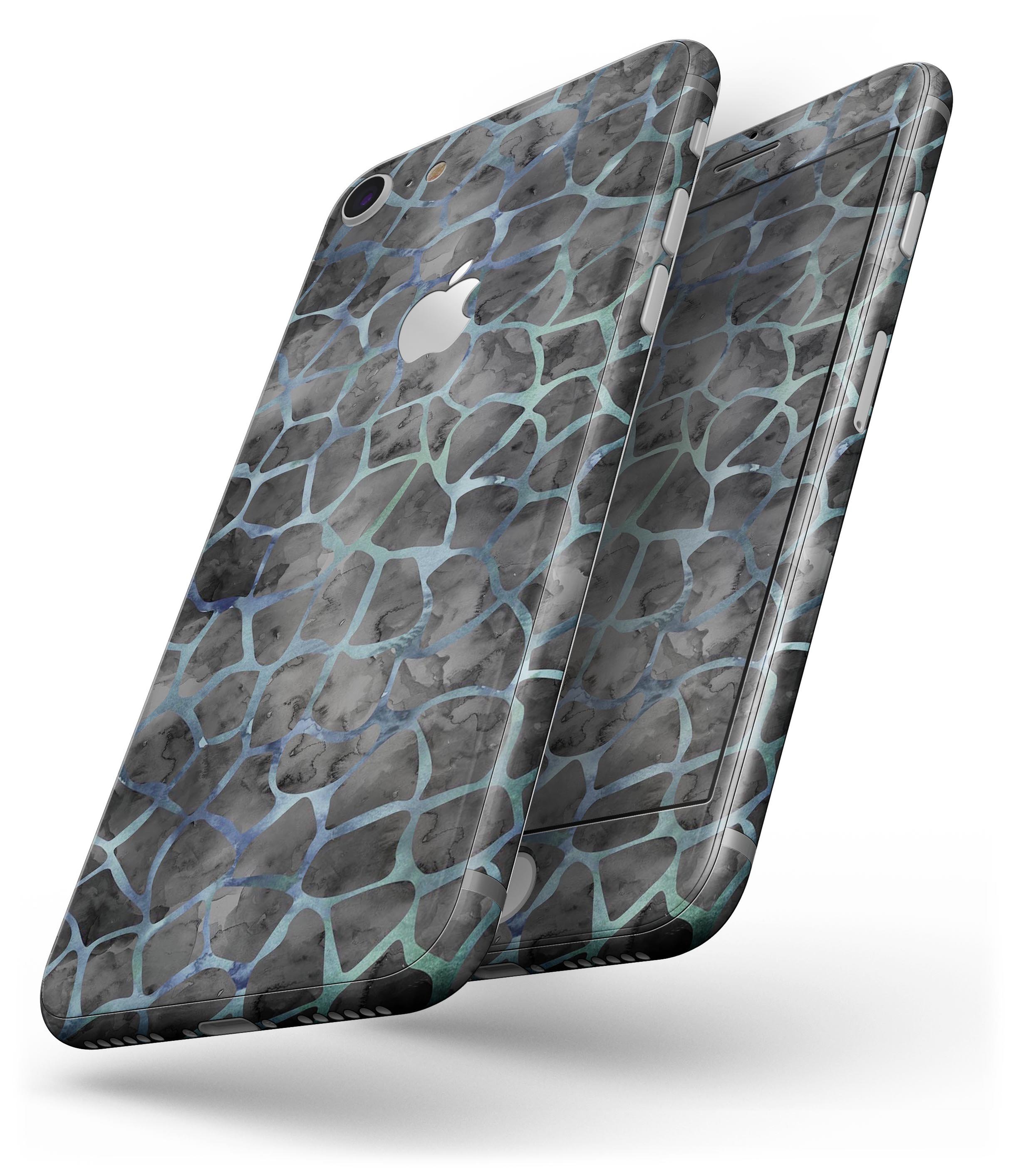 Black and blue watercolor giraffe pattern skin for iPhone 8, showcasing vibrant colors and unique design.