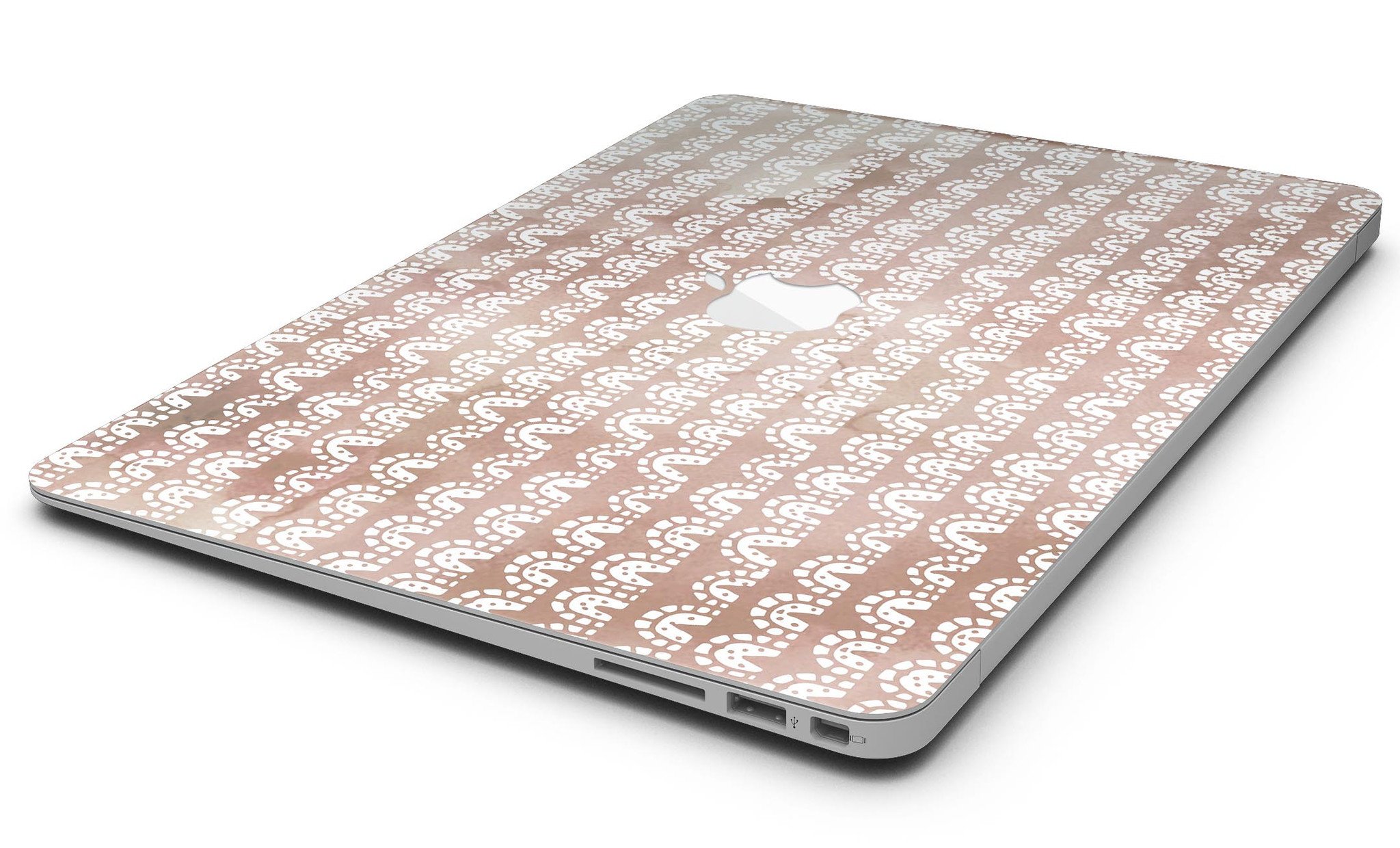 Black and brown grunge vinyl skin for MacBook Air with white semi-circles, showcasing a stylish design.