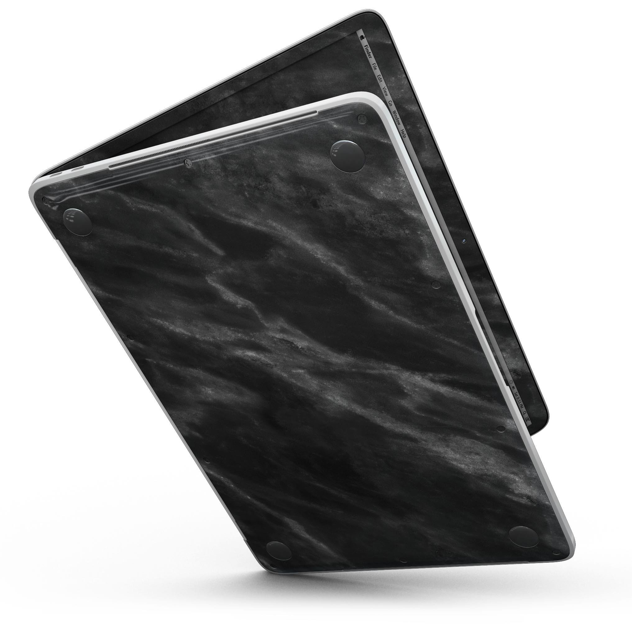 Black and Chalky White Marble skin for 13" MacBook Pro without Touch Bar, showcasing a stylish design that protects the device.