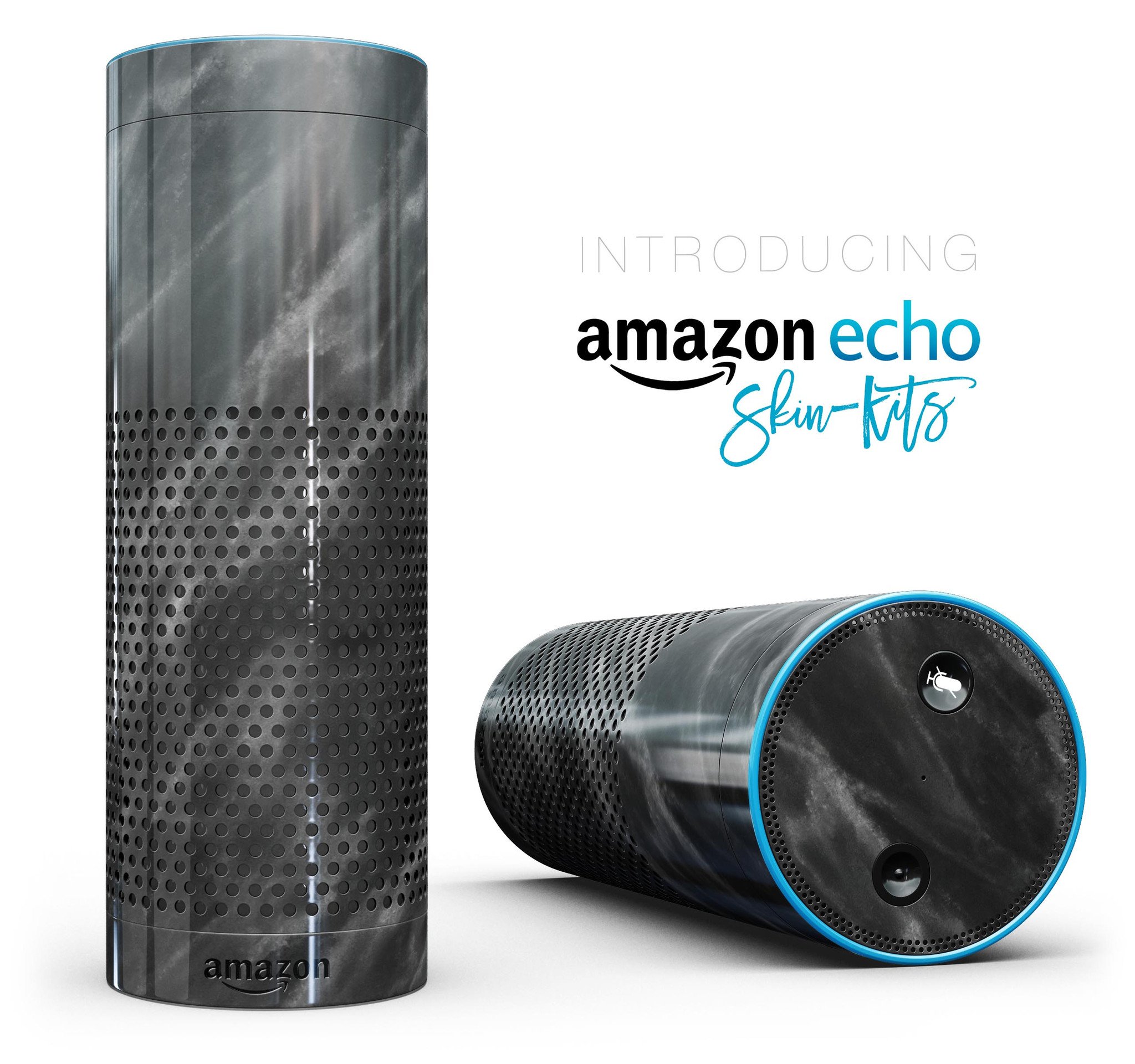 Black and chalky white marble skin-kit for Amazon Echo, showcasing a stylish design that fits perfectly around the device.