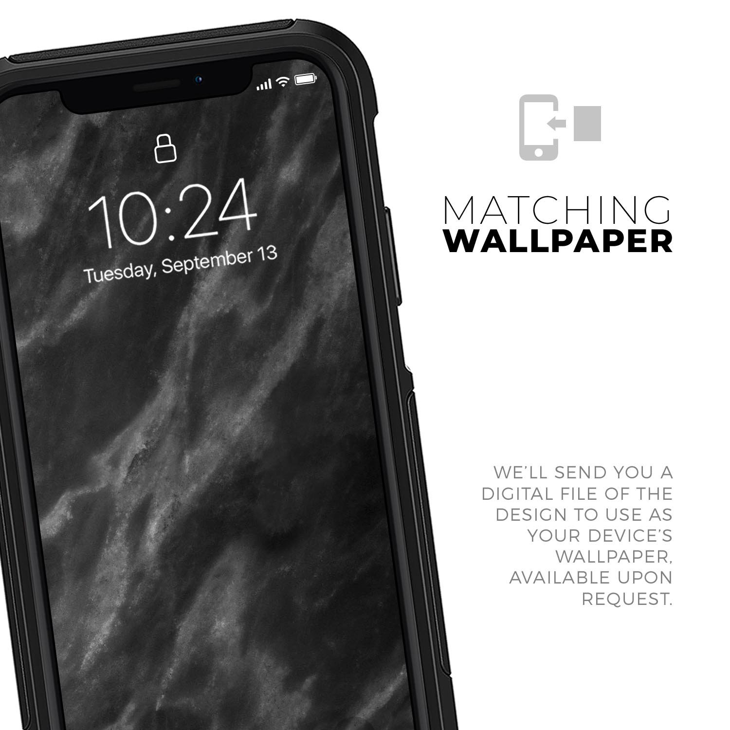 Black and Chalky White Marble Skin Kit for iPhone OtterBox cases, showcasing a stylish marble design with a smooth finish.