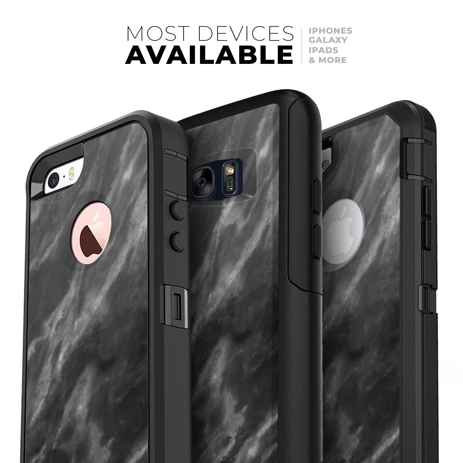 Black and Chalky White Marble Skin Kit for iPhone OtterBox cases, showcasing a stylish marble design with a smooth finish.