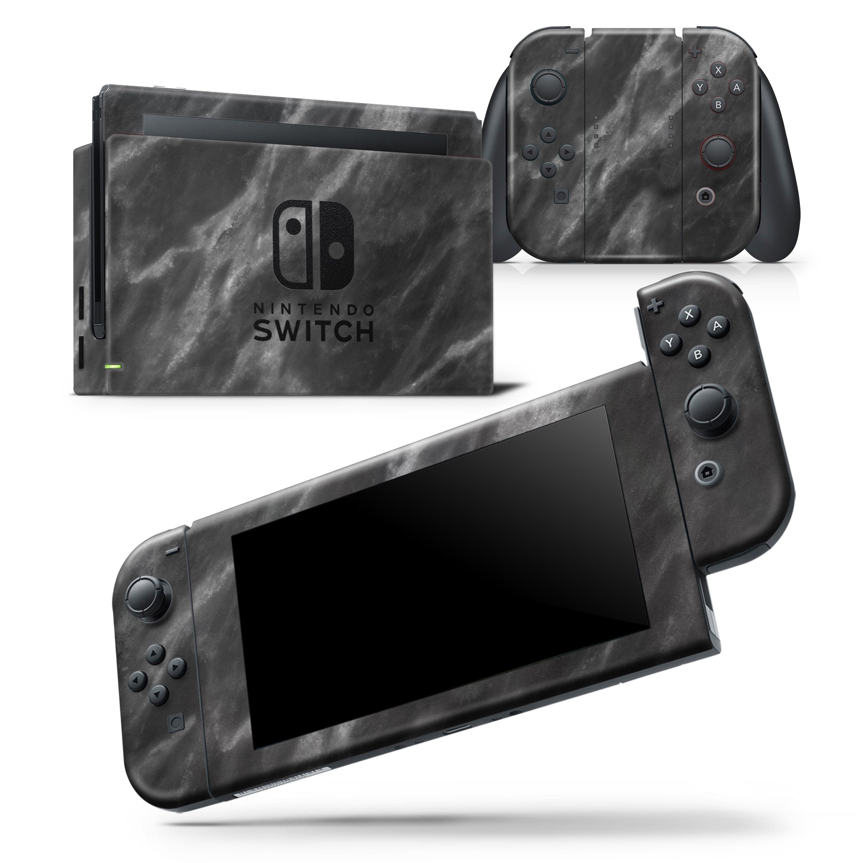 Black and Chalky White Marble skin wrap decal for Nintendo Switch, showcasing a stylish design that fits the console and controllers perfectly.