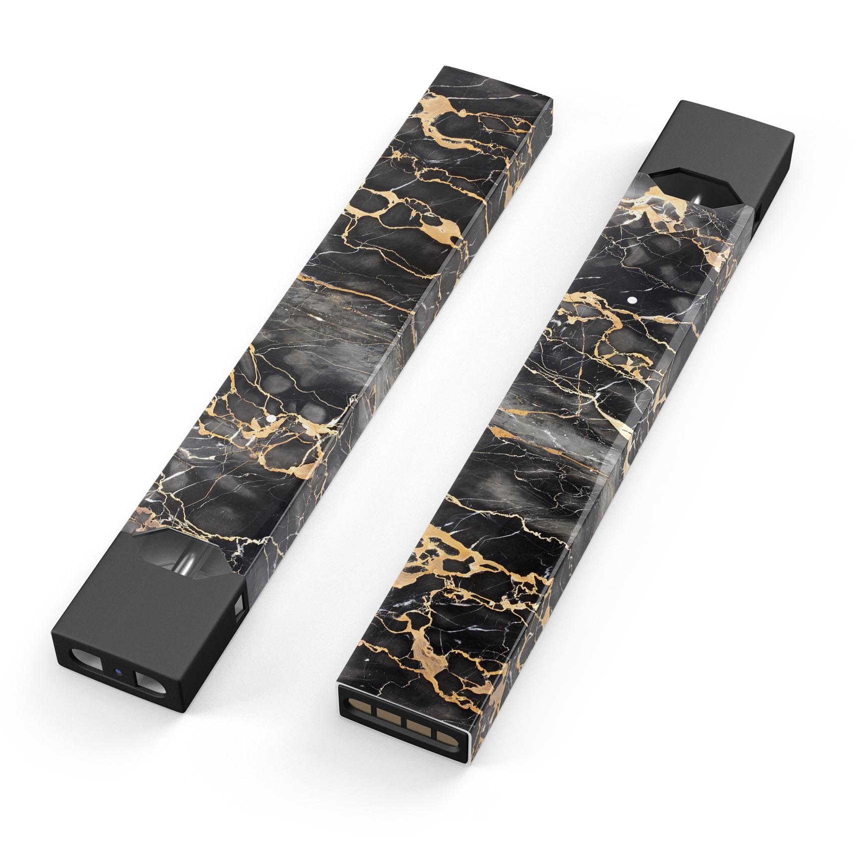 Black and Gold Marble Surface skin wrap for JUUL vaping device, showcasing its elegant design and protective features.