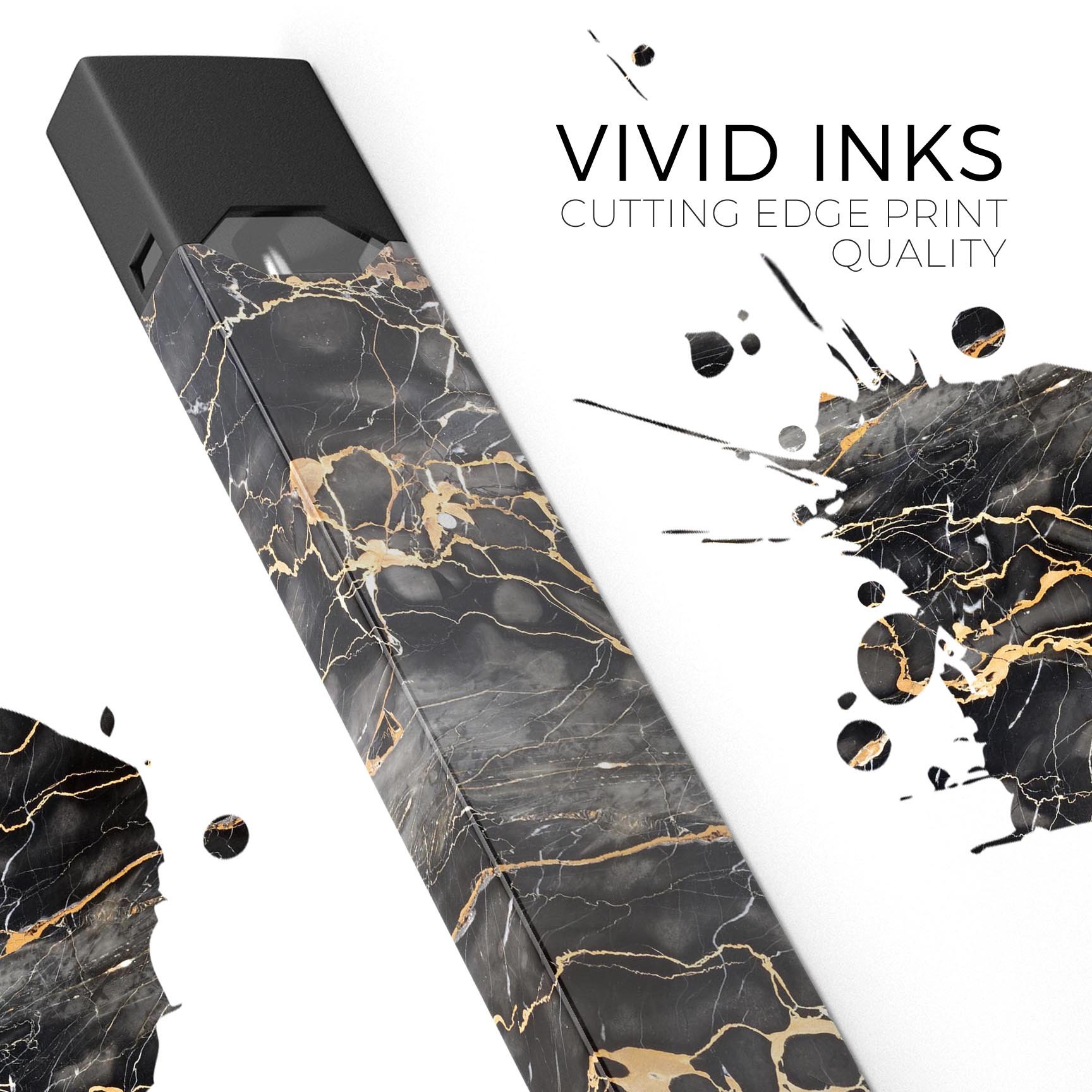 Black and Gold Marble Surface skin wrap for JUUL vaping device, showcasing its elegant design and protective features.