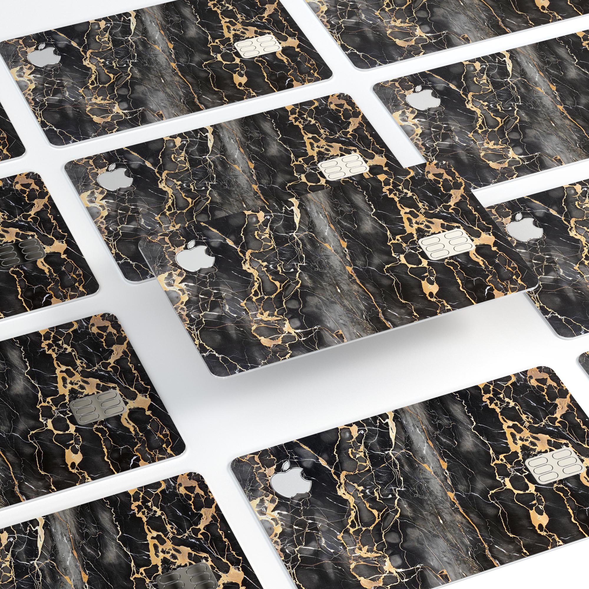 Black and Gold Marble Surface decal skin for Apple Card, showcasing a stylish and protective design.