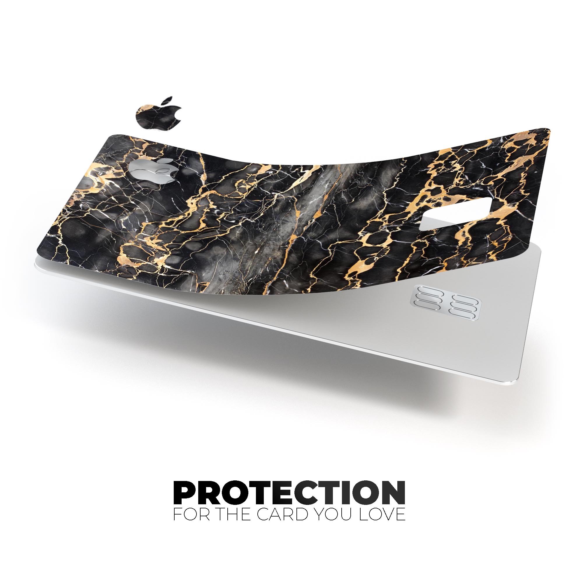 Black and Gold Marble Surface decal skin for Apple Card, showcasing a stylish and protective design.