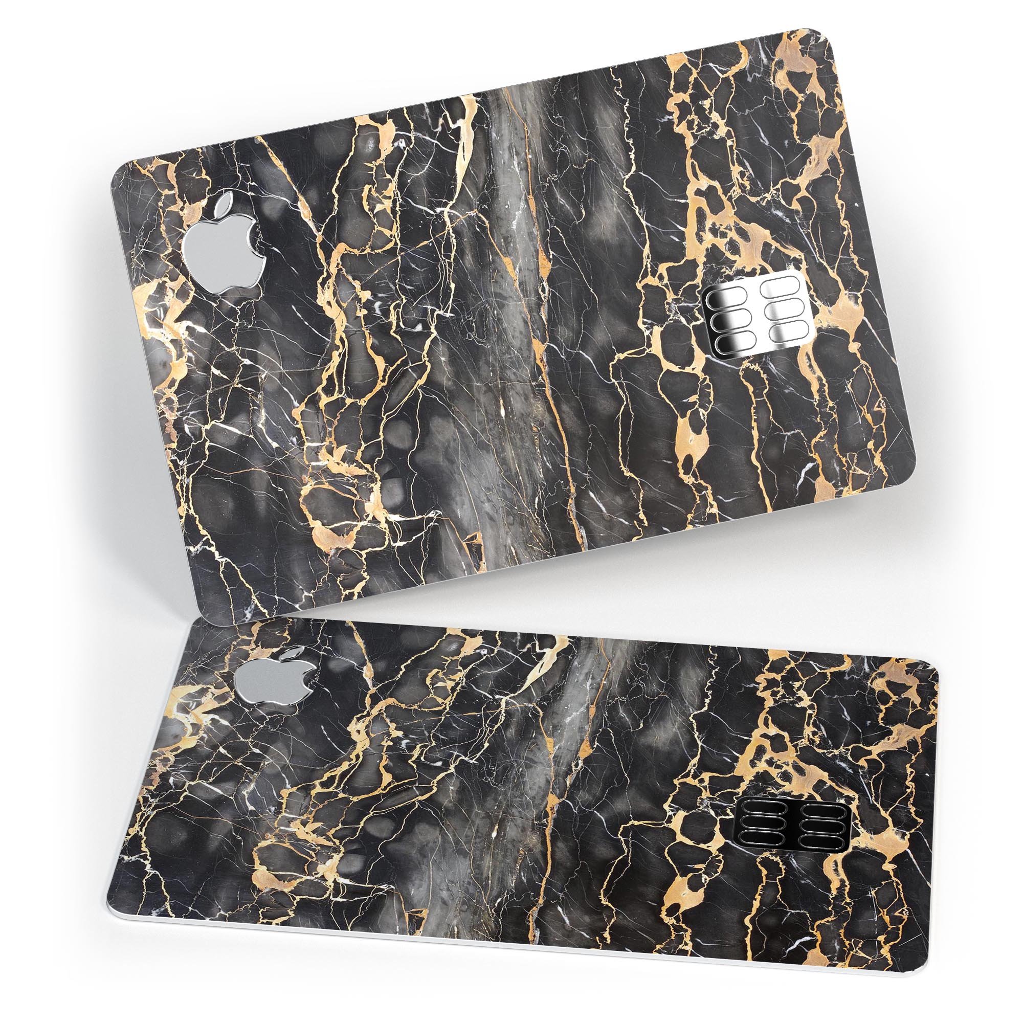 Black and Gold Marble Surface decal skin for Apple Card, showcasing a stylish and protective design.
