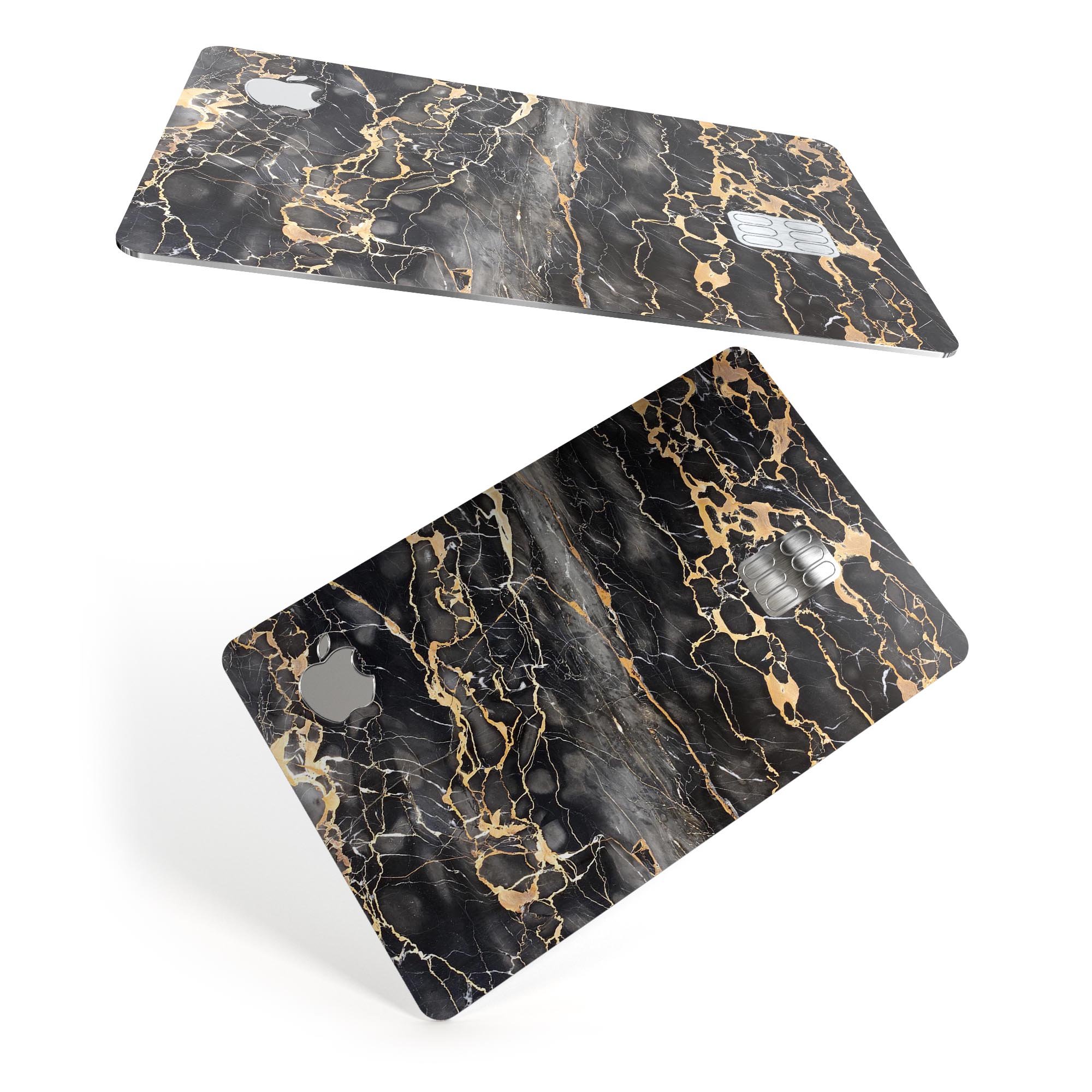 Black and Gold Marble Surface decal skin for Apple Card, showcasing a stylish and protective design.