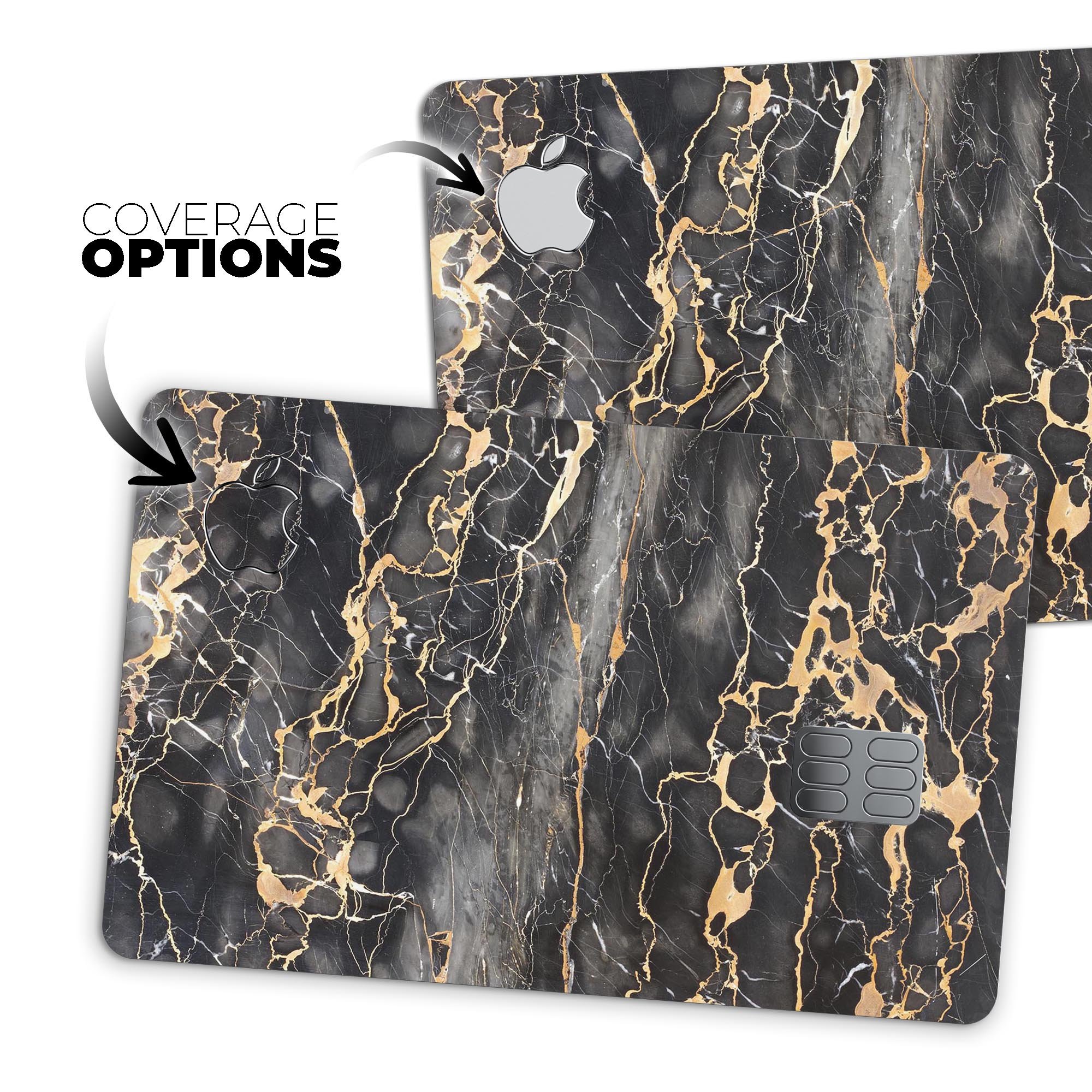 Black and Gold Marble Surface decal skin for Apple Card, showcasing a stylish and protective design.