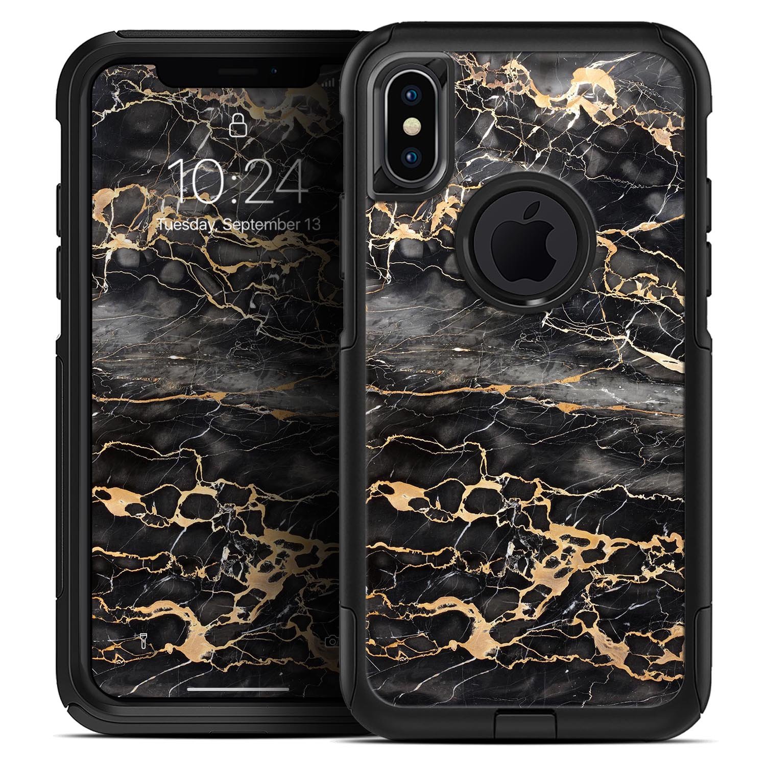Black and Gold Marble Surface Skin Kit for iPhone OtterBox cases, showcasing a stylish marble design with premium finish.