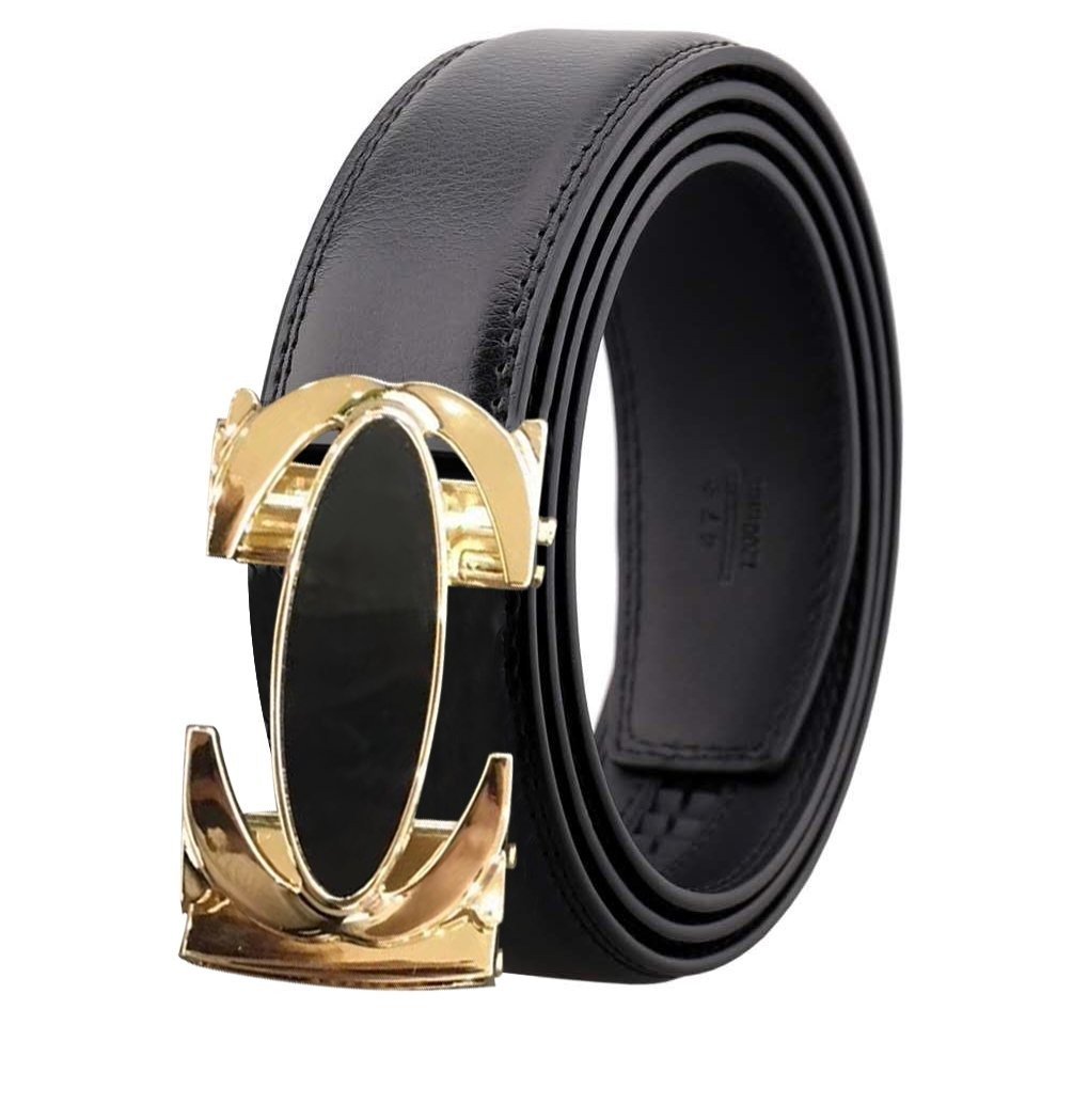 Black and Gold Men's Adjustable Ratchet Slide Buckle Belt made from genuine leather, featuring a sleek design and automatic buckle for a perfect fit.