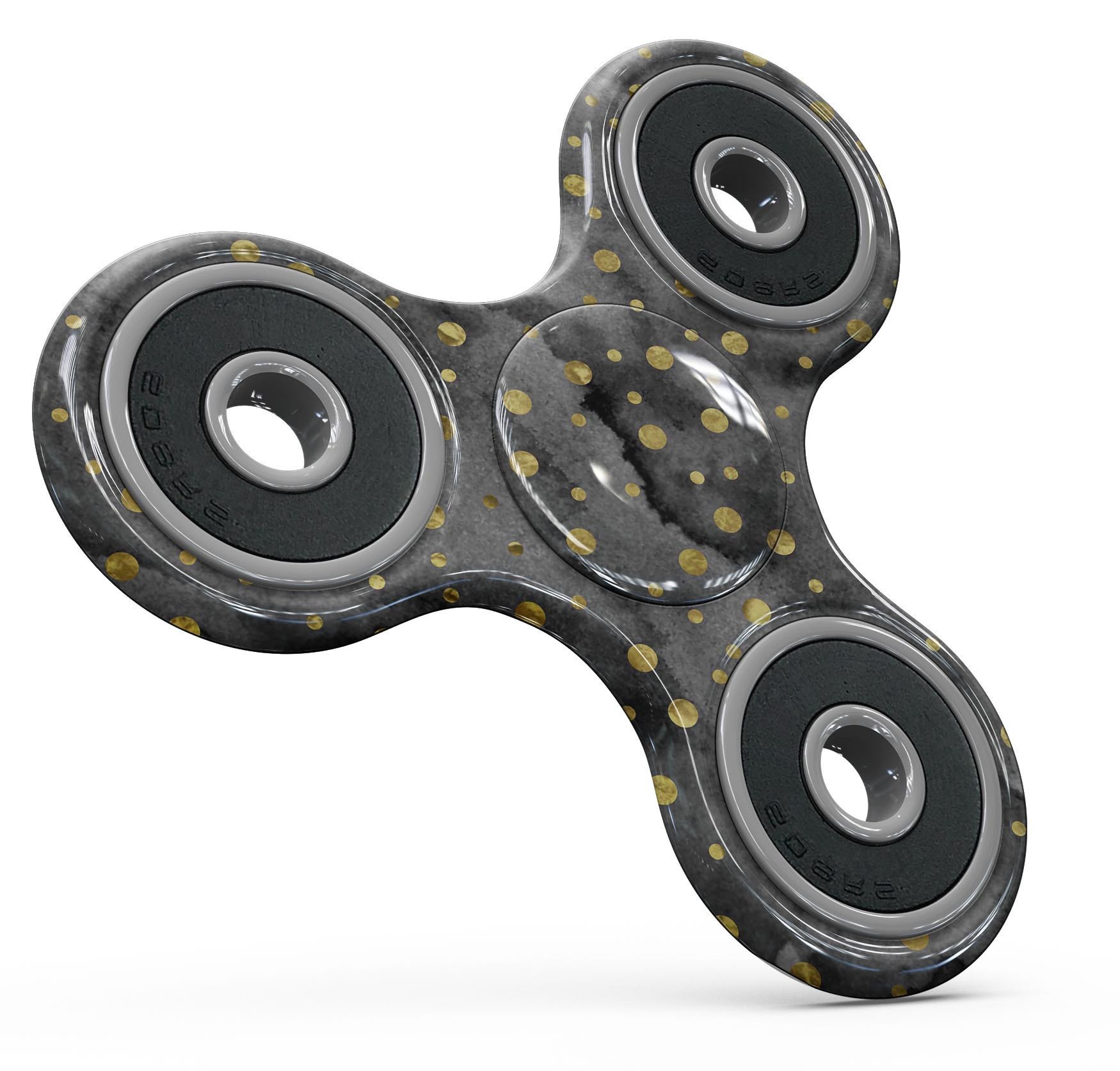 Black and Gold Watercolor Polka Dots Skin-Kit for fidget spinner, showcasing vibrant colors and unique polka dot pattern.