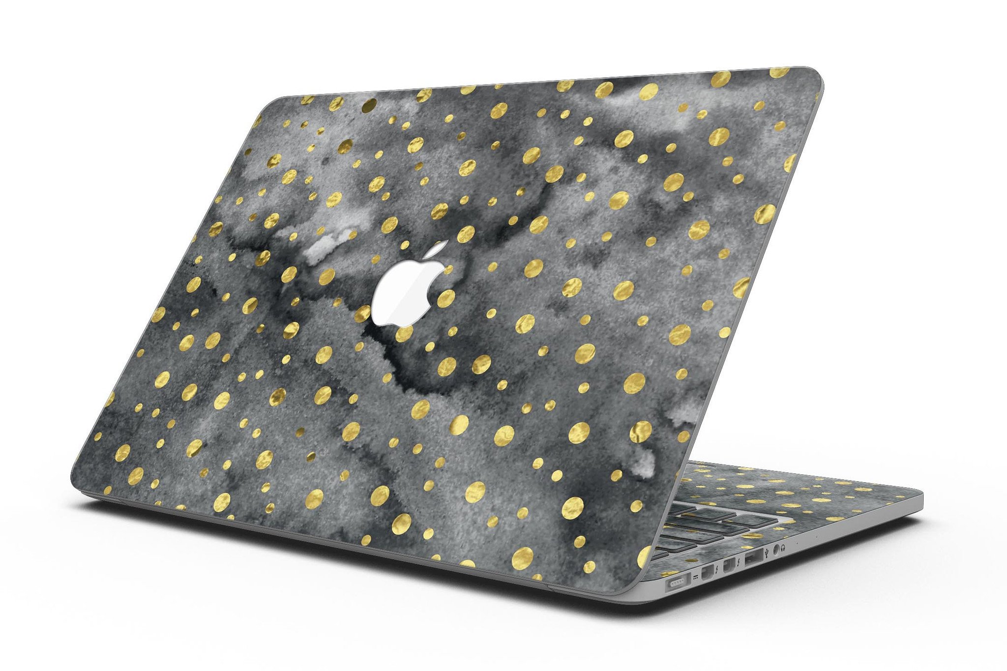 Black and Gold Watercolor Polka Dots skin for MacBook Pro with Retina Display, showcasing a stylish design that protects the device.