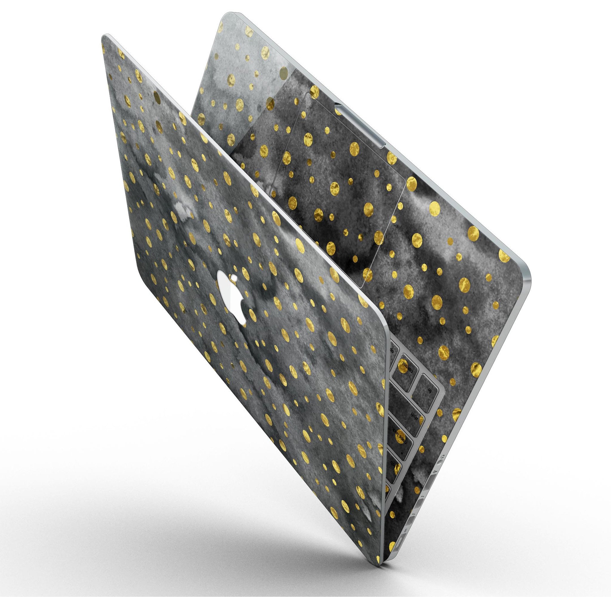 Black and Gold Watercolor Polka Dots skin for MacBook Pro with Retina Display, showcasing a stylish design that protects the device.