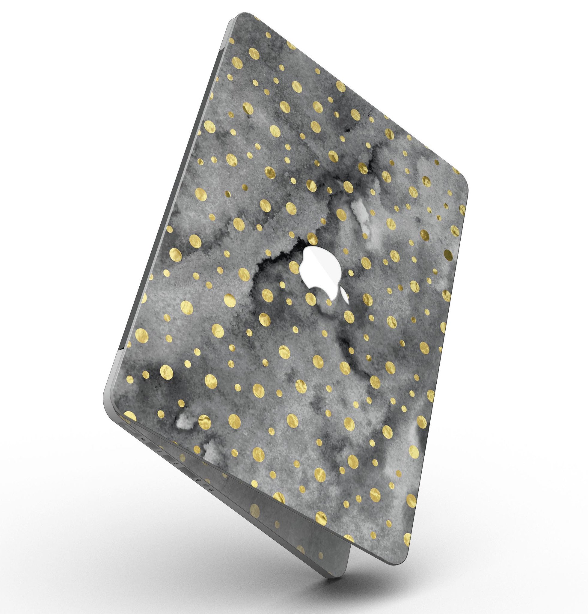 Black and Gold Watercolor Polka Dots skin for MacBook Pro with Retina Display, showcasing a stylish design that protects the device.