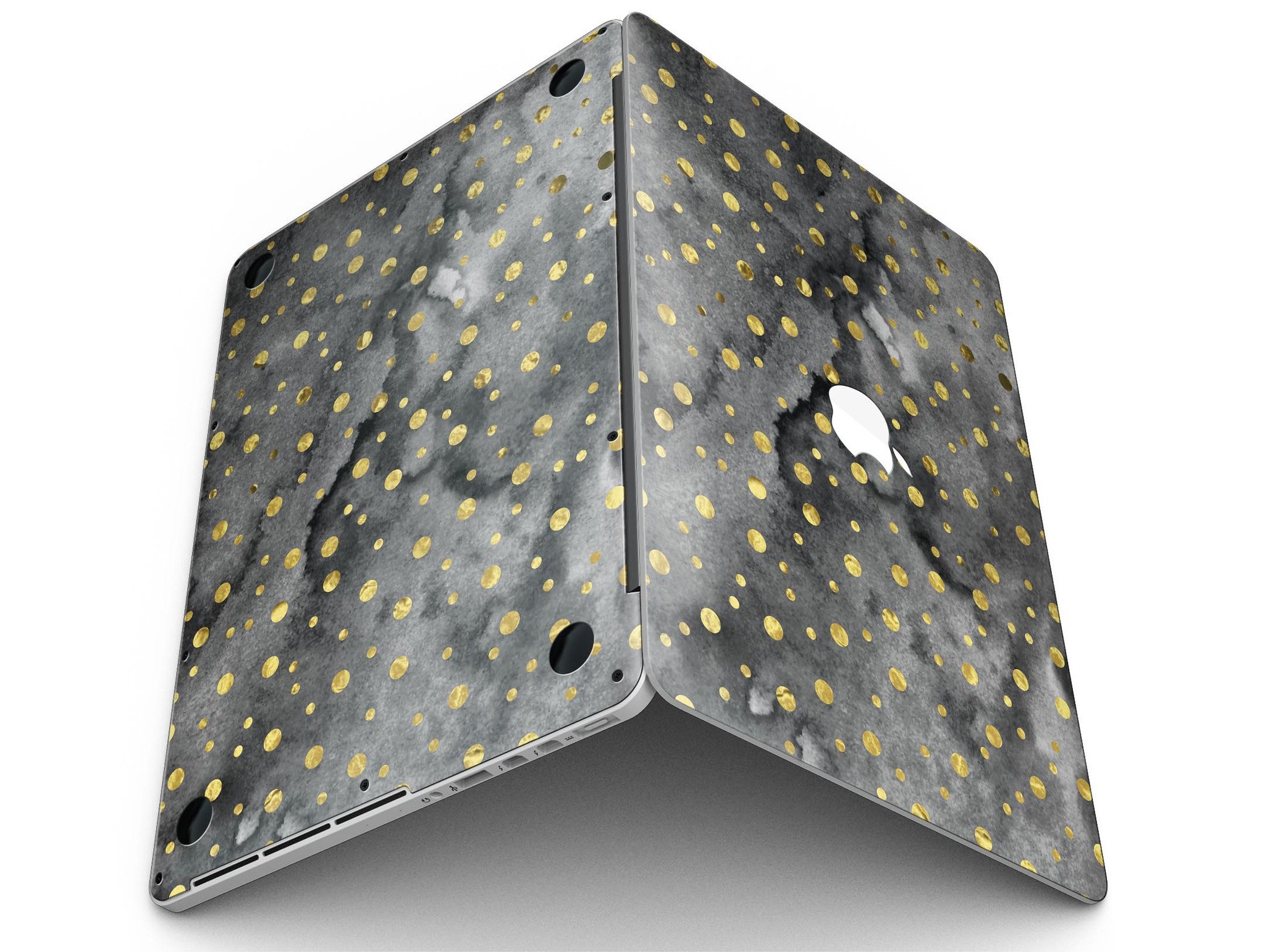 Black and Gold Watercolor Polka Dots skin for MacBook Pro with Retina Display, showcasing a stylish design that protects the device.