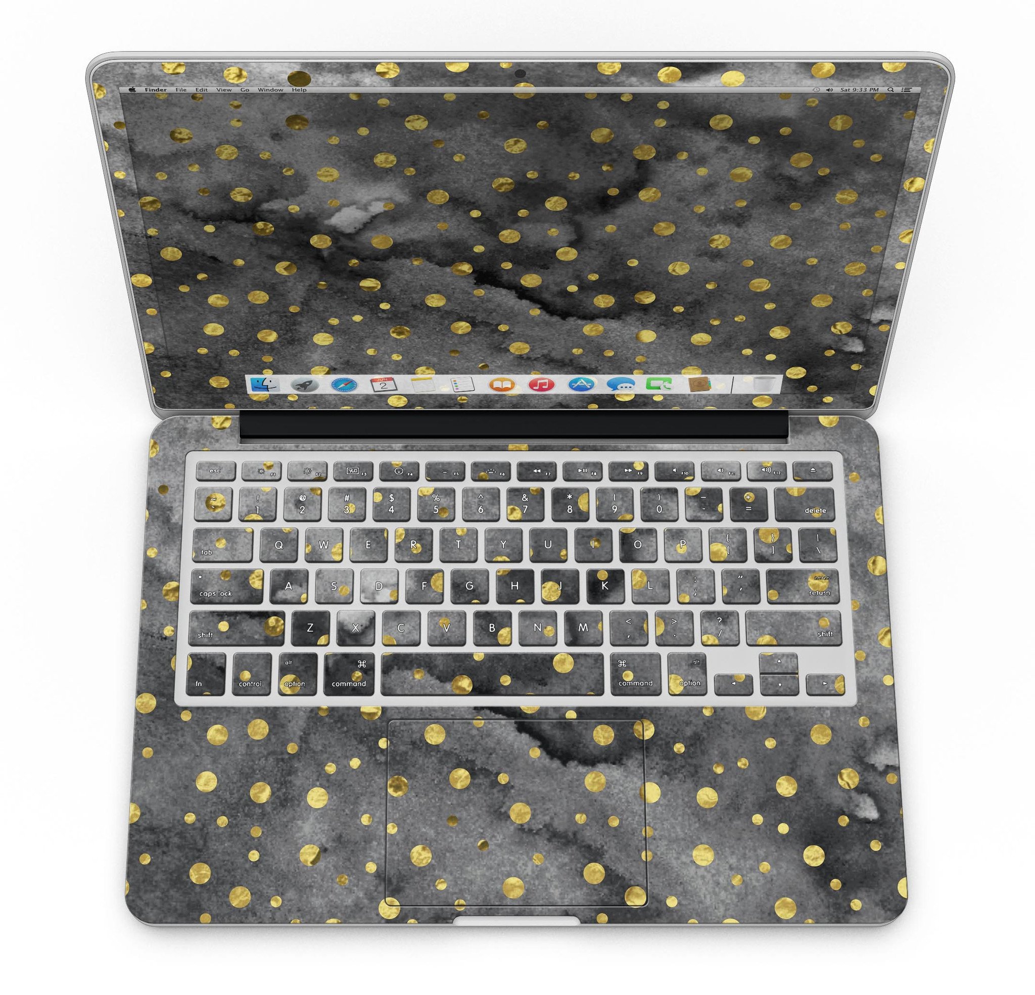 Black and Gold Watercolor Polka Dots skin for MacBook Pro with Retina Display, showcasing a stylish design that protects the device.