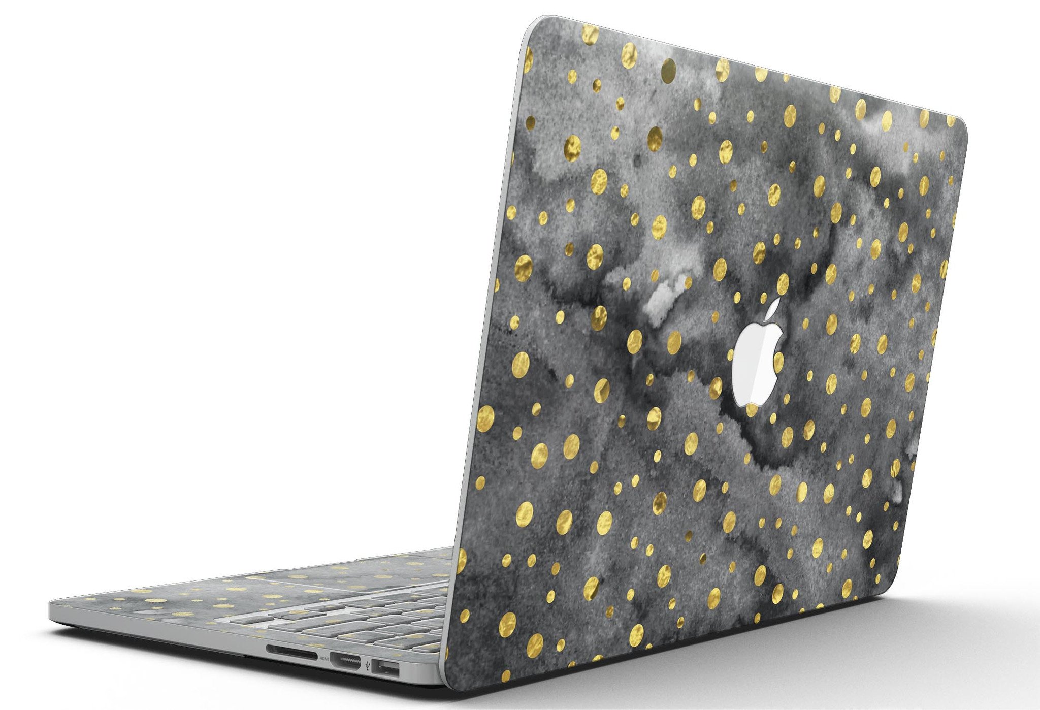 Black and Gold Watercolor Polka Dots skin for MacBook Pro with Retina Display, showcasing a stylish design that protects the device.