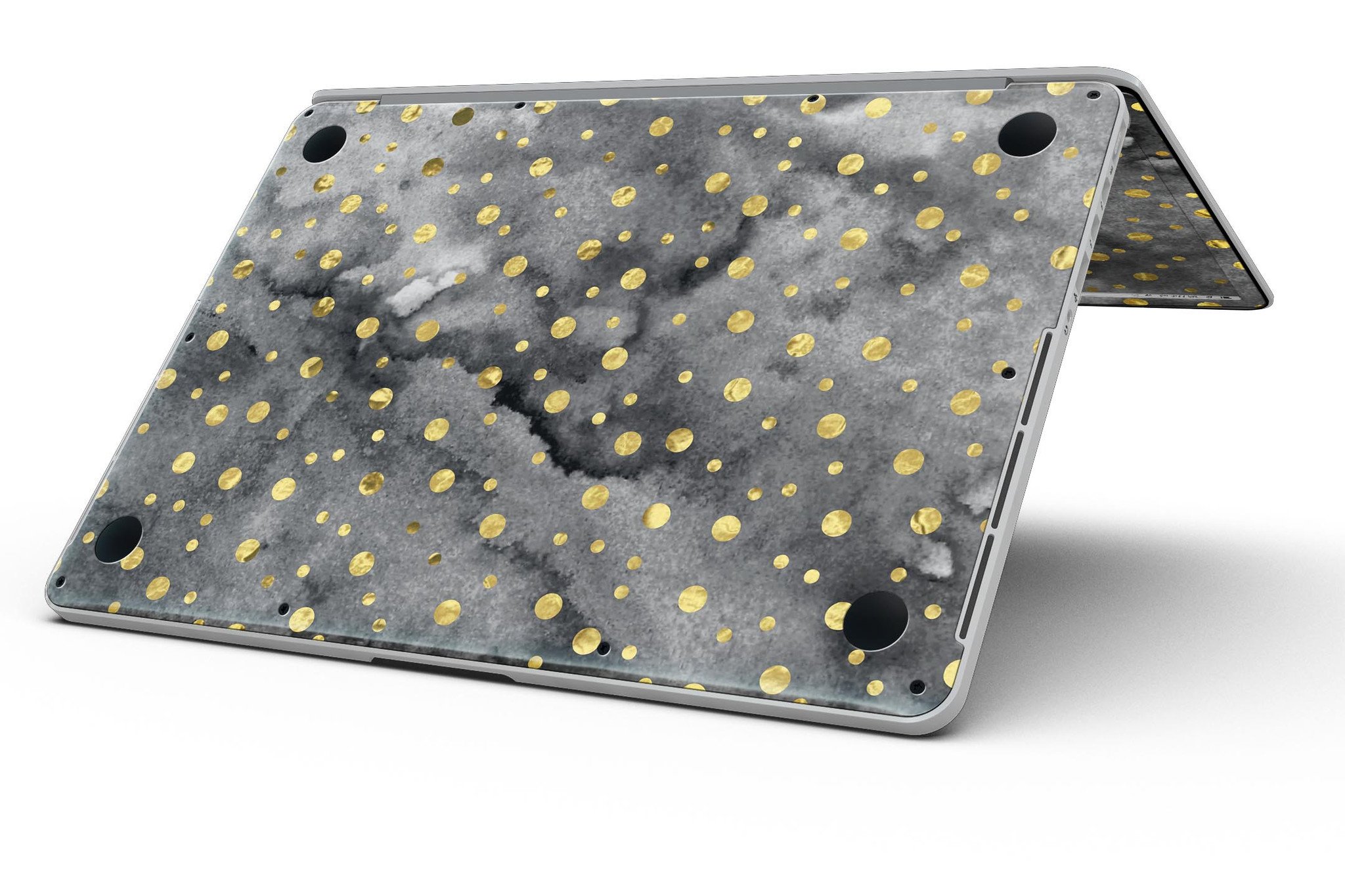 Black and Gold Watercolor Polka Dots skin for MacBook Pro with Retina Display, showcasing a stylish design that protects the device.