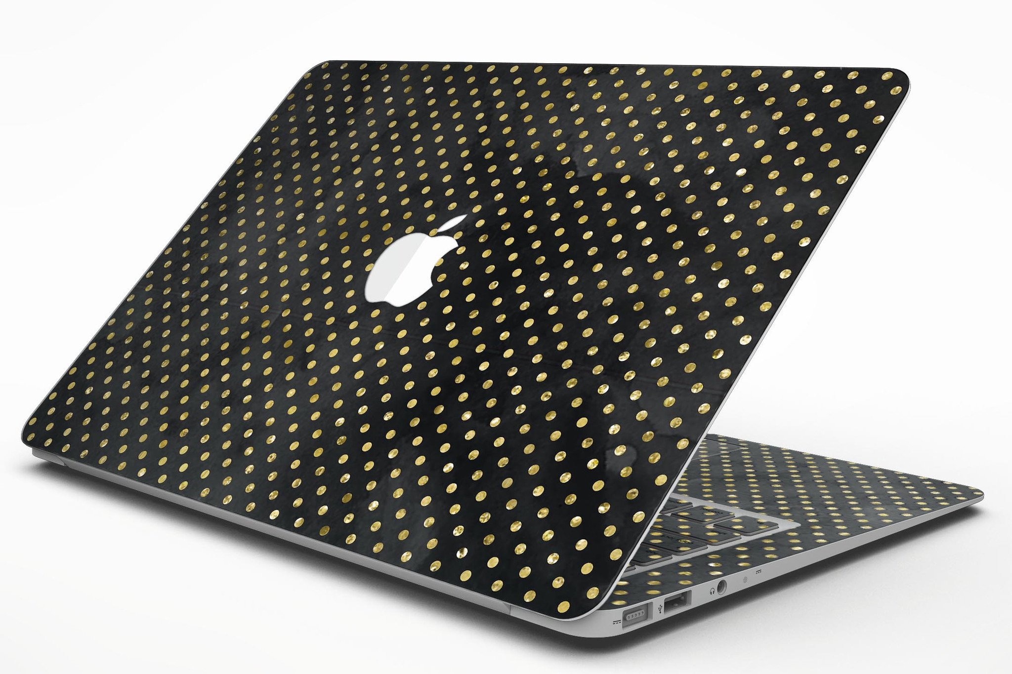 Black and Gold Watercolor Polka Dots skin for MacBook Air, showcasing a stylish design with polka dots on a sleek surface.