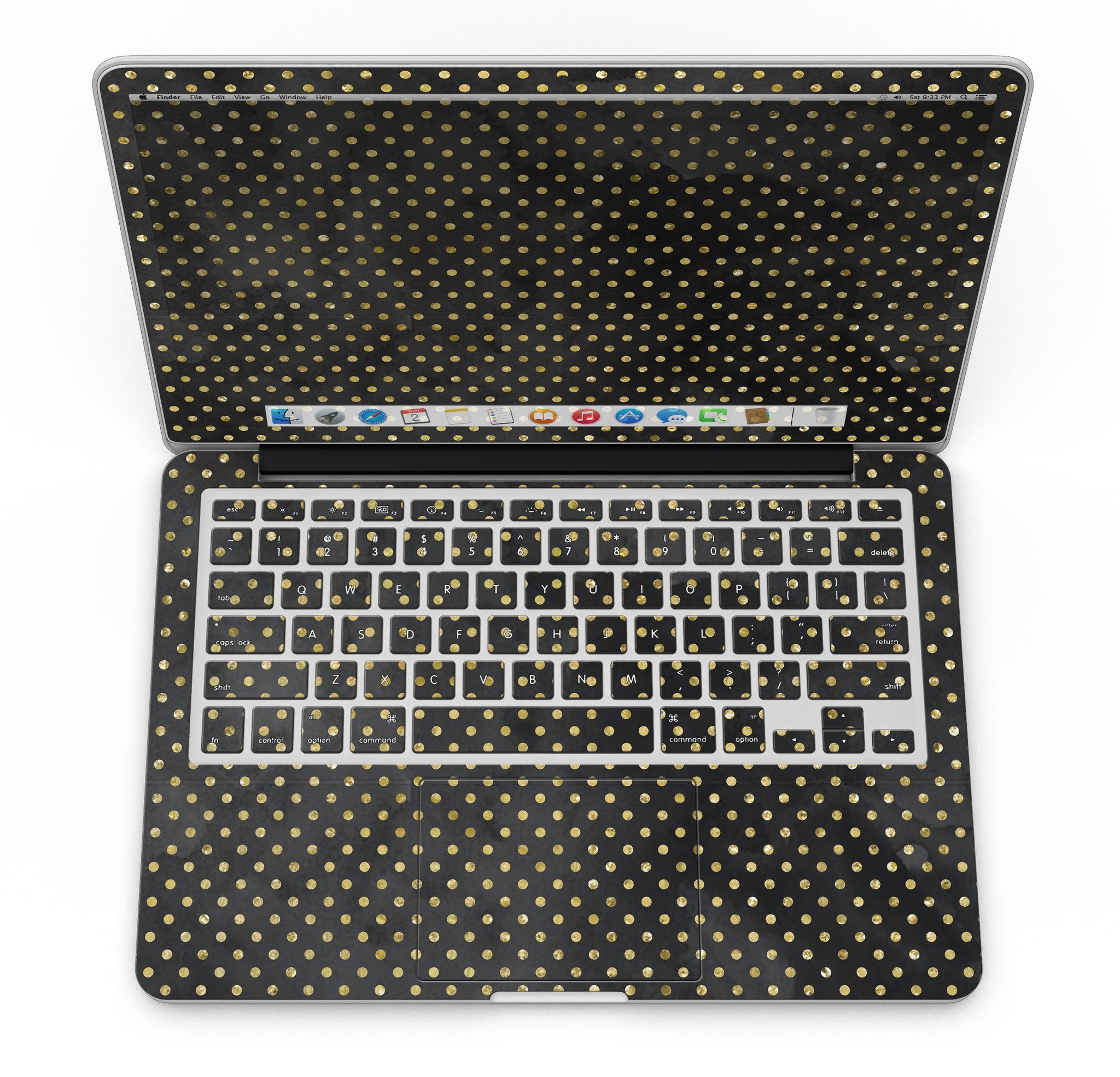 Black and Gold Watercolor Polka Dots skin for MacBook Pro with Retina Display, showcasing a stylish design that protects the device.