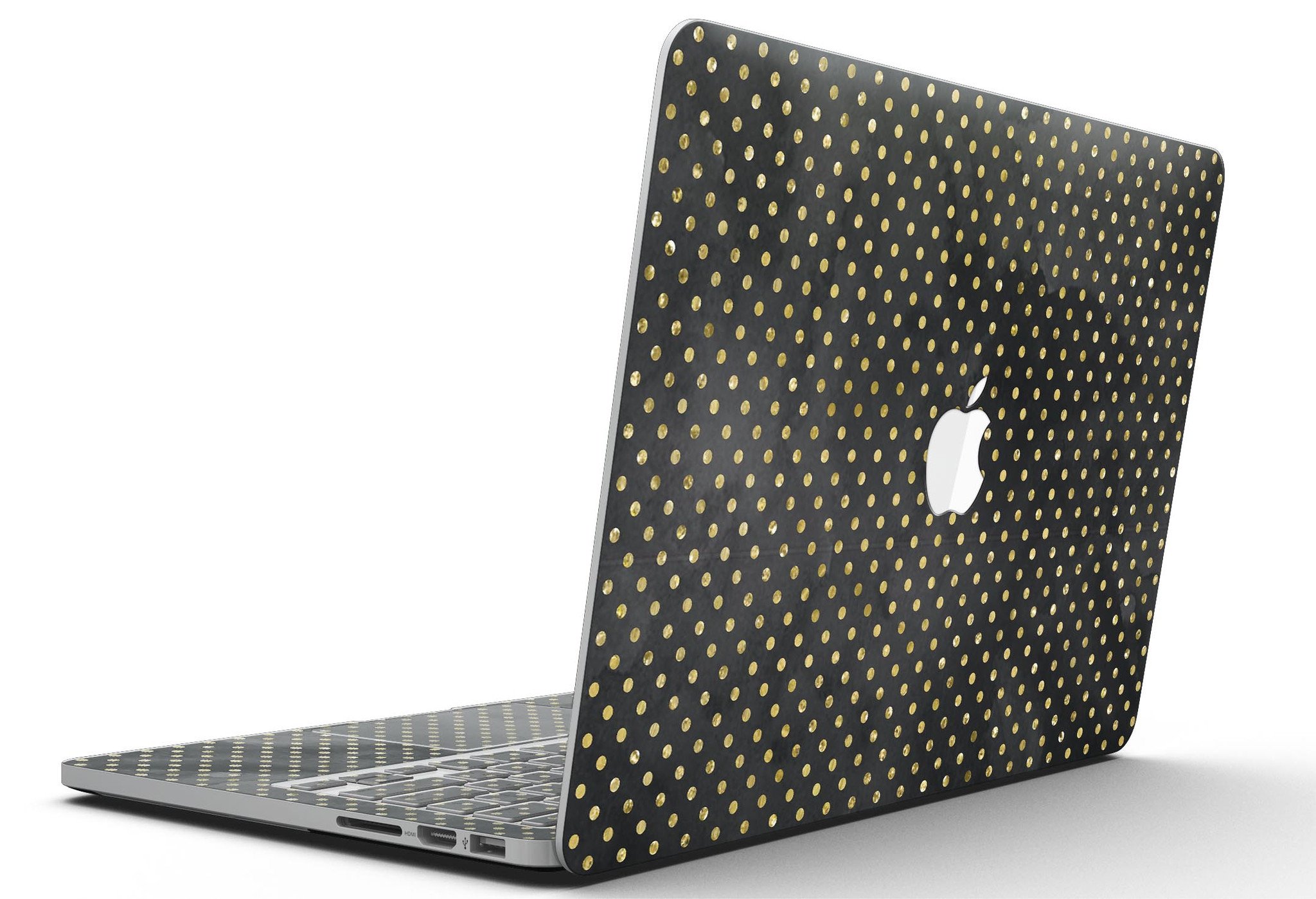 Black and Gold Watercolor Polka Dots skin for MacBook Pro with Retina Display, showcasing a stylish design that protects the device.