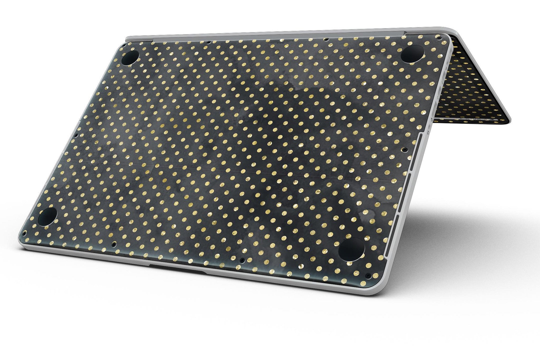 Black and Gold Watercolor Polka Dots skin for MacBook Pro with Retina Display, showcasing a stylish design that protects the device.
