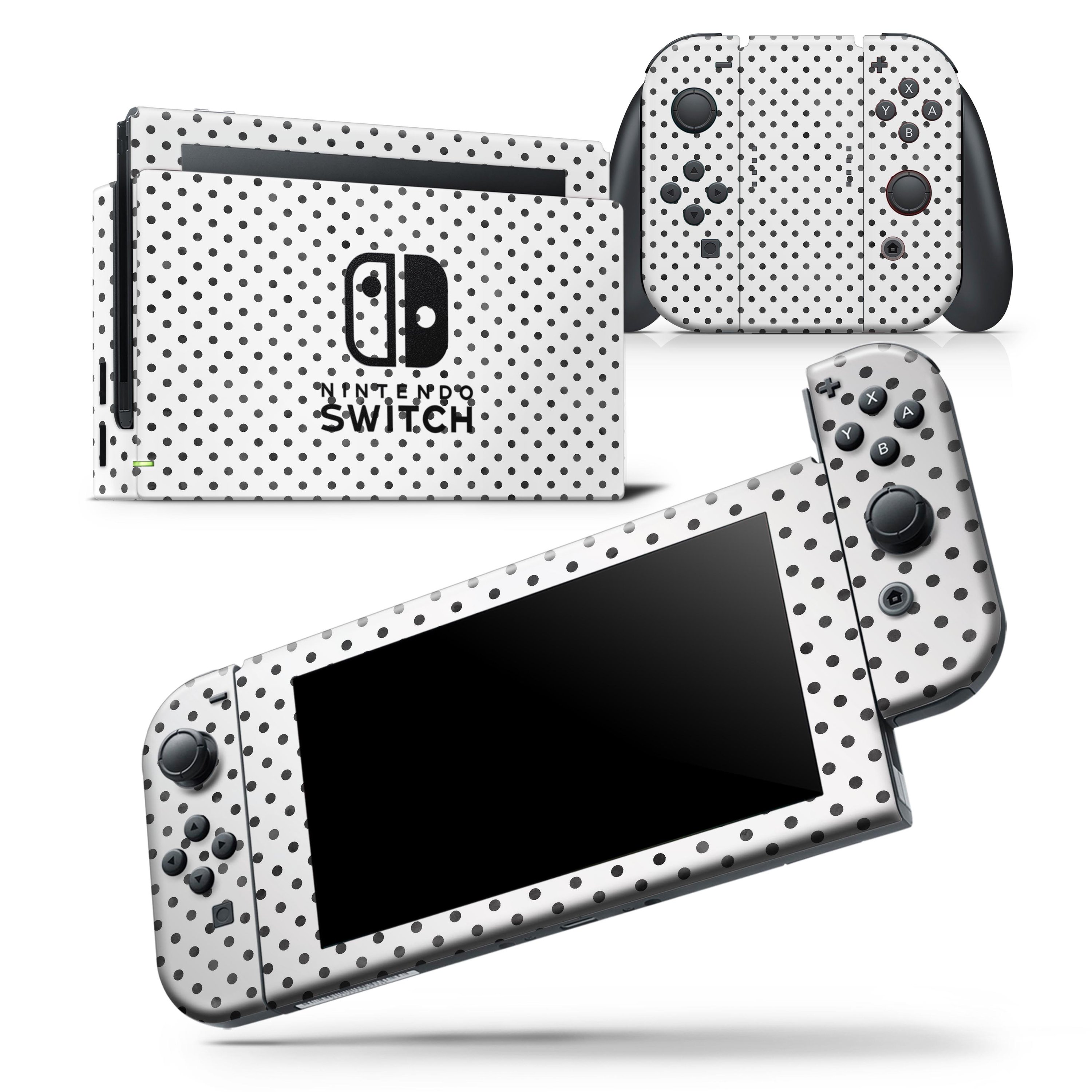 Black and gray fade polka dots skin wrap decal for Nintendo Switch, showcasing a stylish design that fits snugly on the console and controllers.