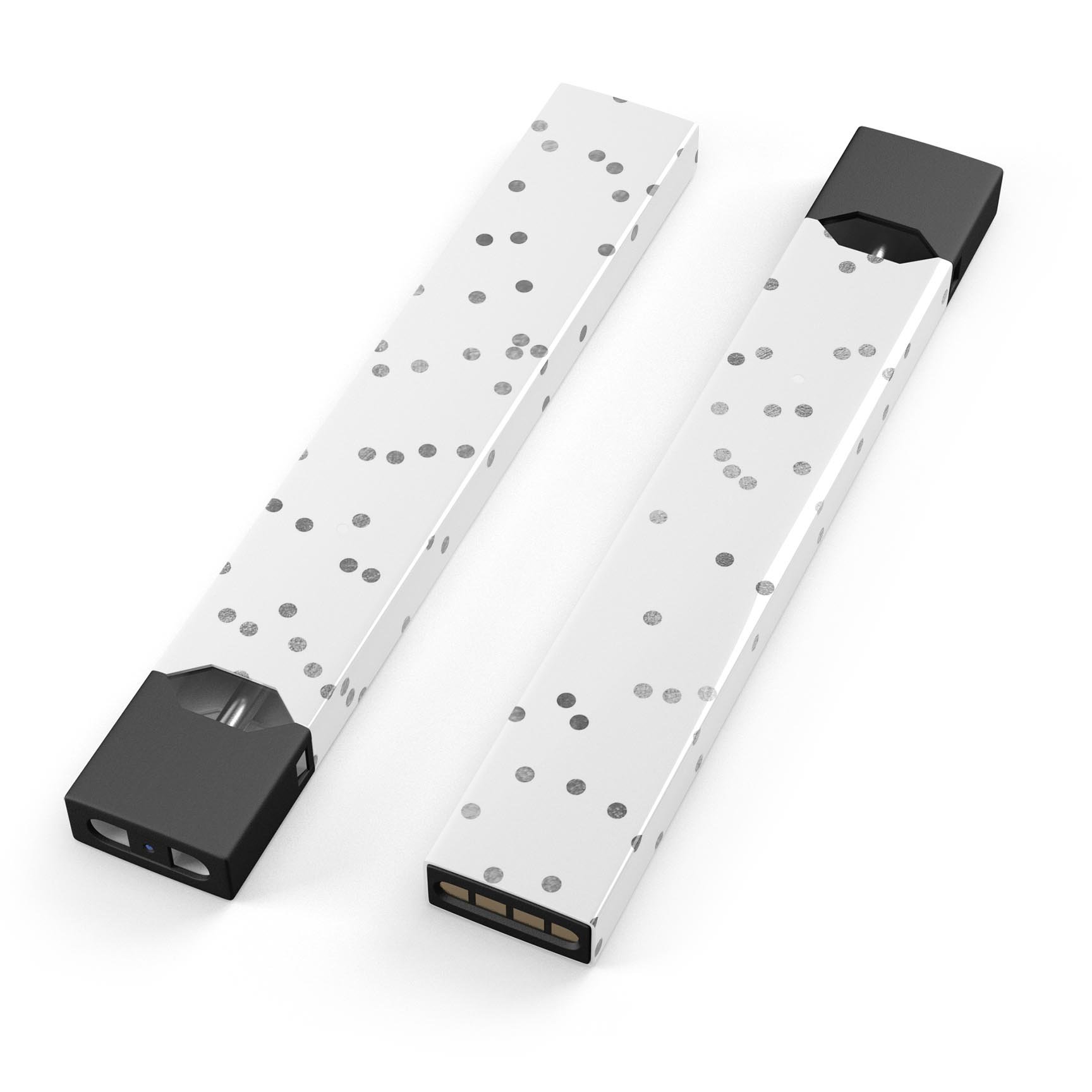 Black and gray scattered polka dots decal skin for JUUL vaping device, showcasing its stylish design and protective features.