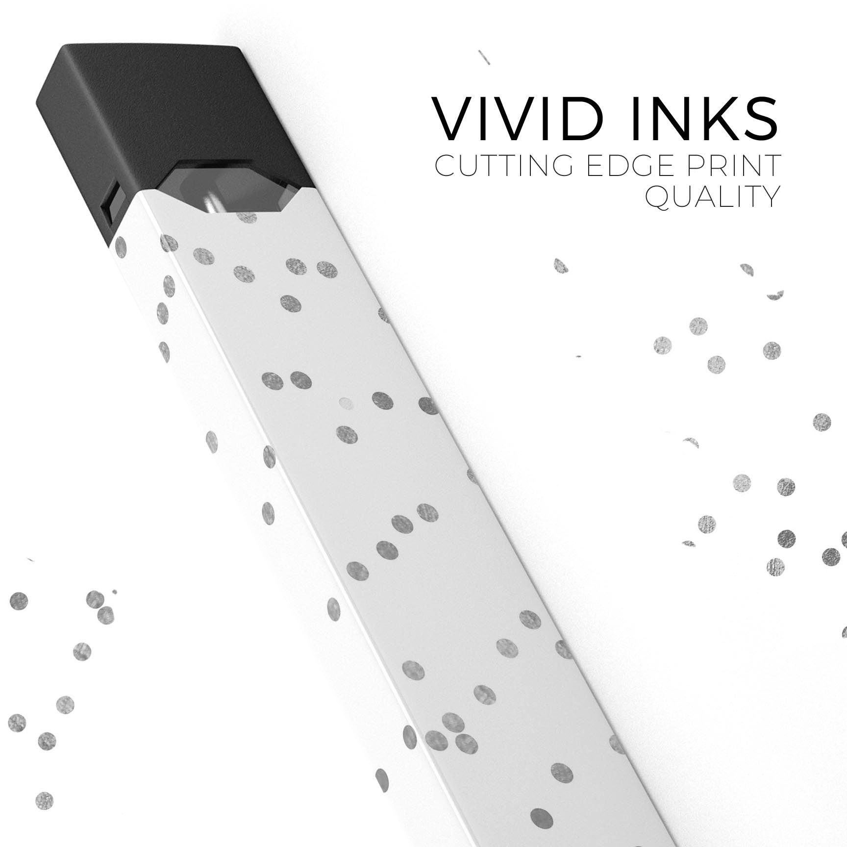 Black and gray scattered polka dots decal skin for JUUL vaping device, showcasing its stylish design and protective features.