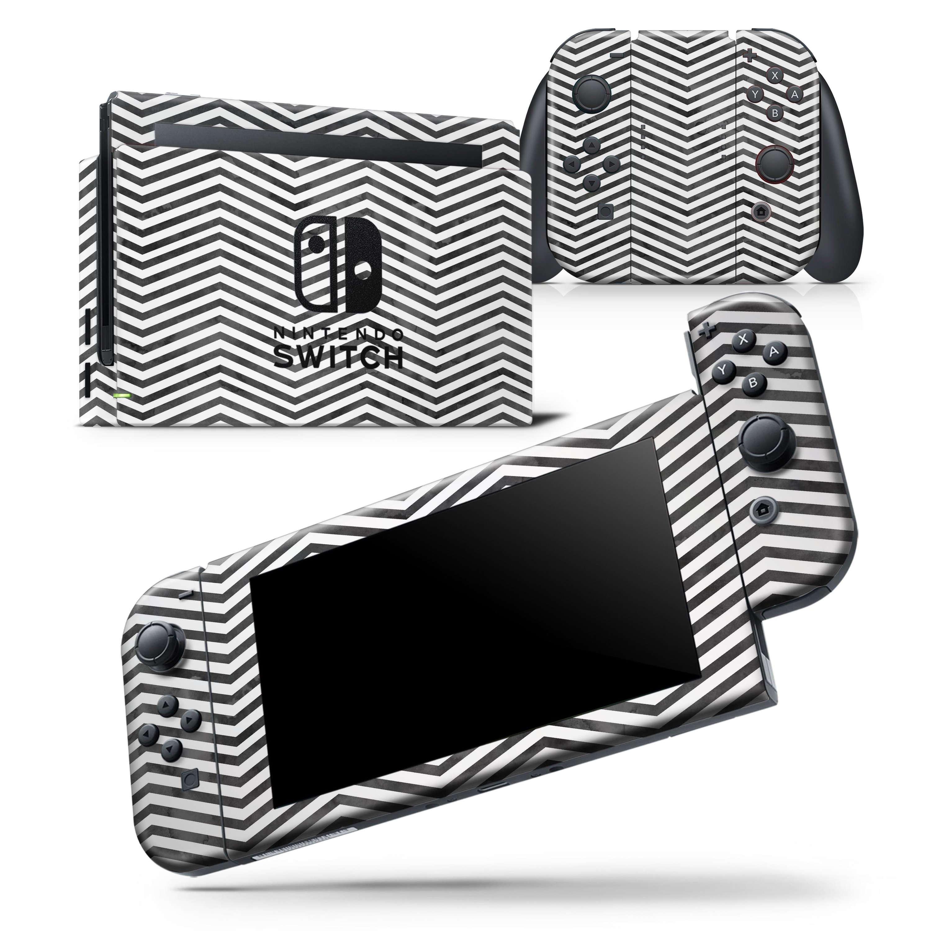 Black and Gray Watercolor Chevron skin wrap decal for Nintendo Switch, showcasing a stylish design that fits snugly on the console and controllers.