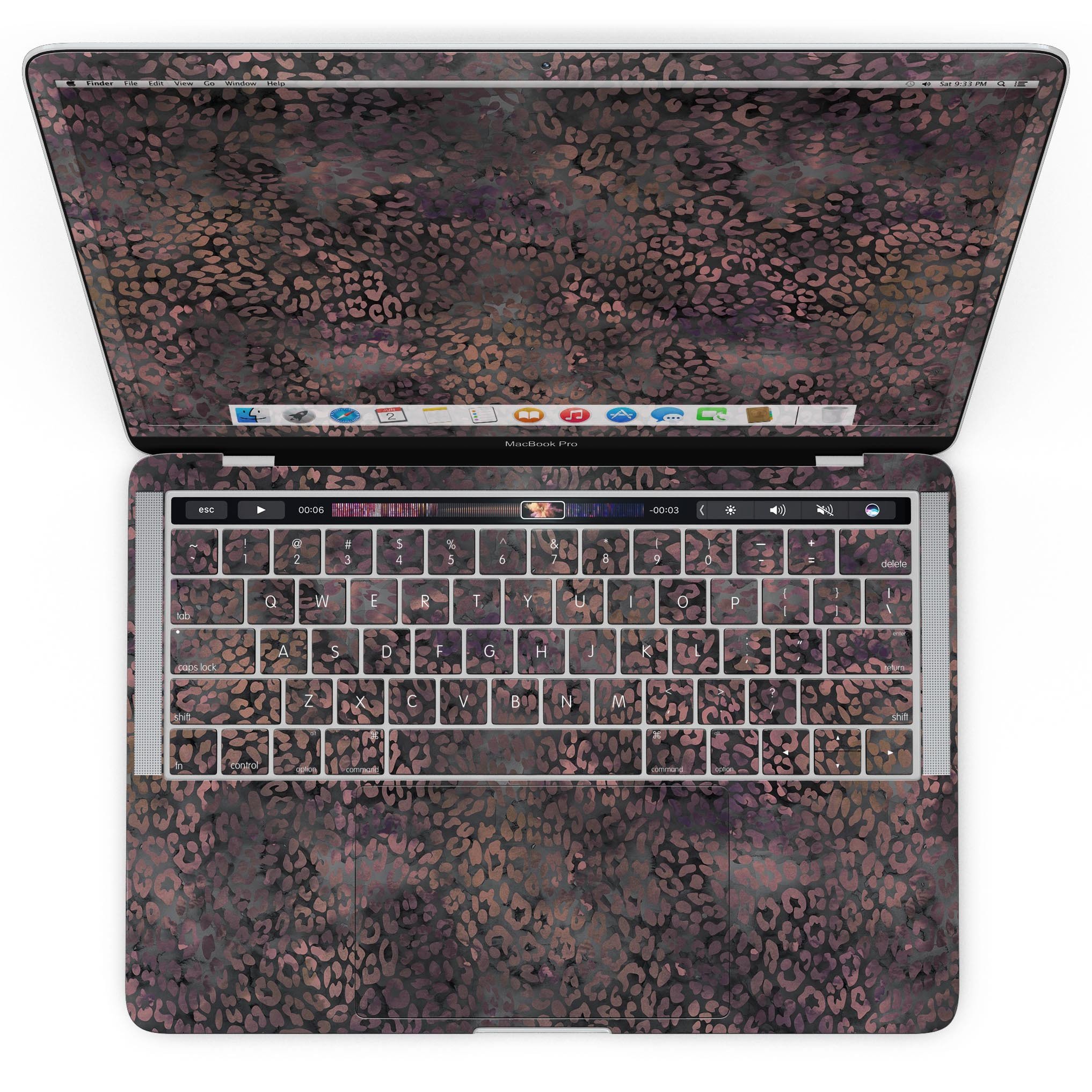 Black and Purple Watercolor Leopard Pattern skin for MacBook Pro, showcasing vibrant colors and stylish design.