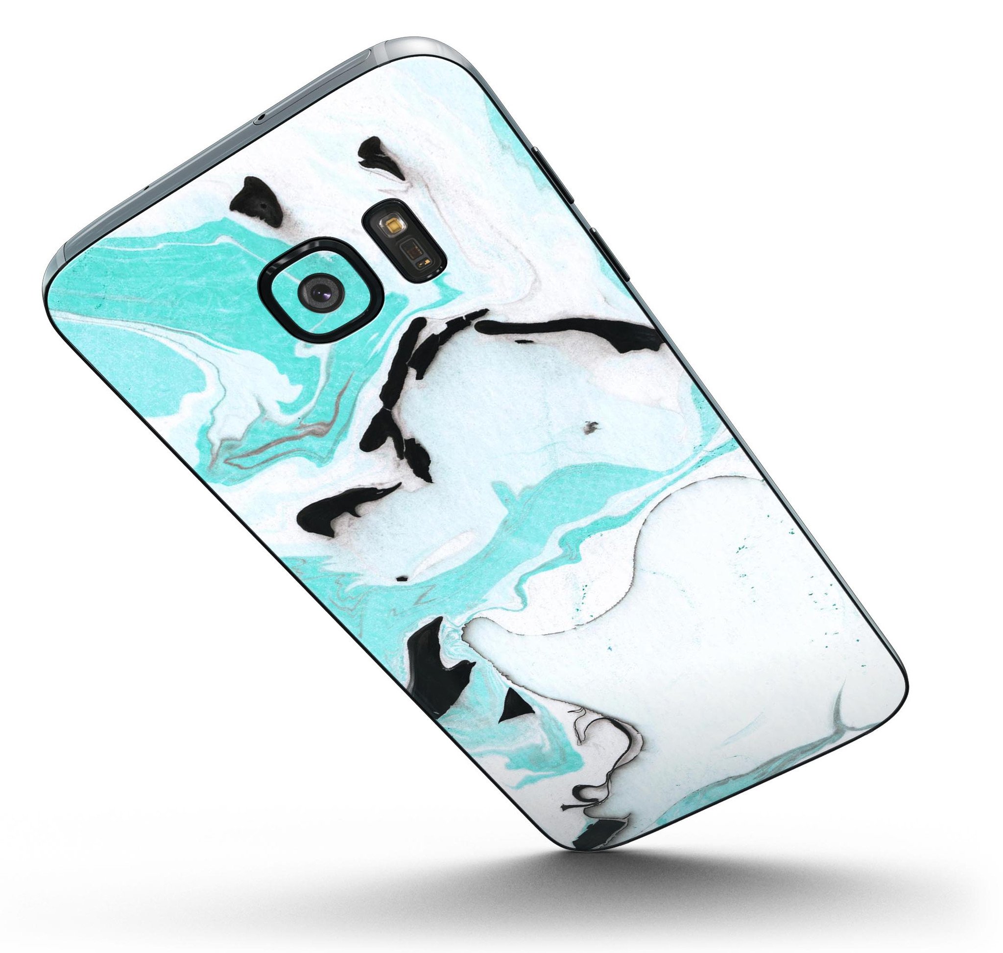 Black and teal textured marble skin kit for Samsung Galaxy S7 and S7 Edge, showcasing a stylish design and premium vinyl material.
