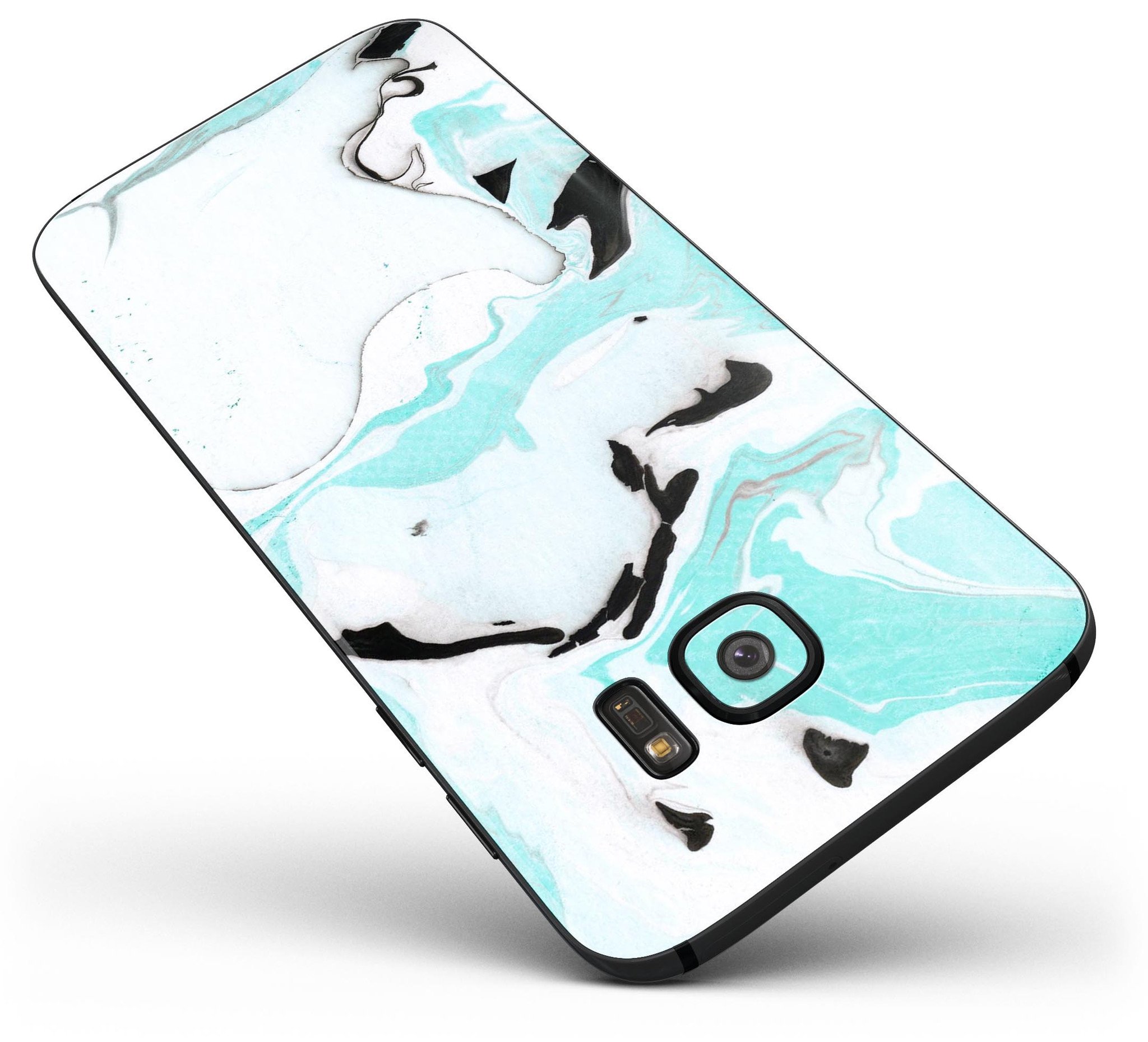 Black and teal textured marble skin kit for Samsung Galaxy S7 and S7 Edge, showcasing a stylish design and premium vinyl material.