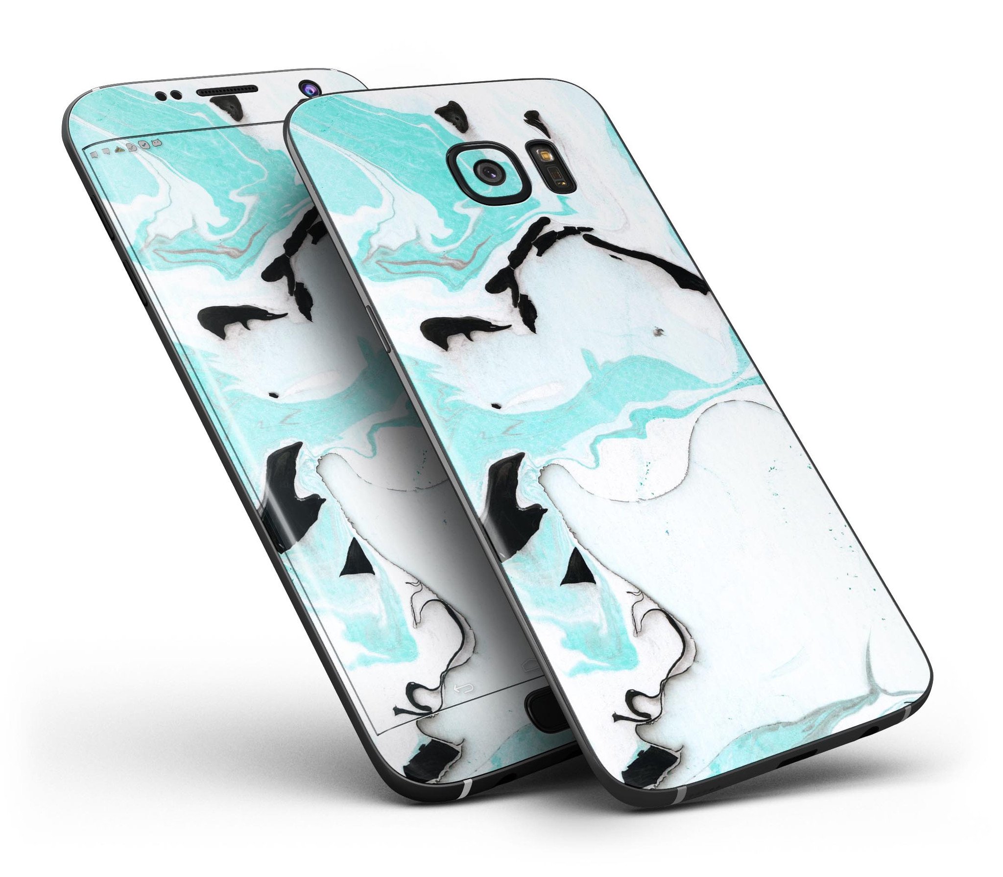 Black and teal textured marble skin kit for Samsung Galaxy S7 and S7 Edge, showcasing a stylish design and premium vinyl material.