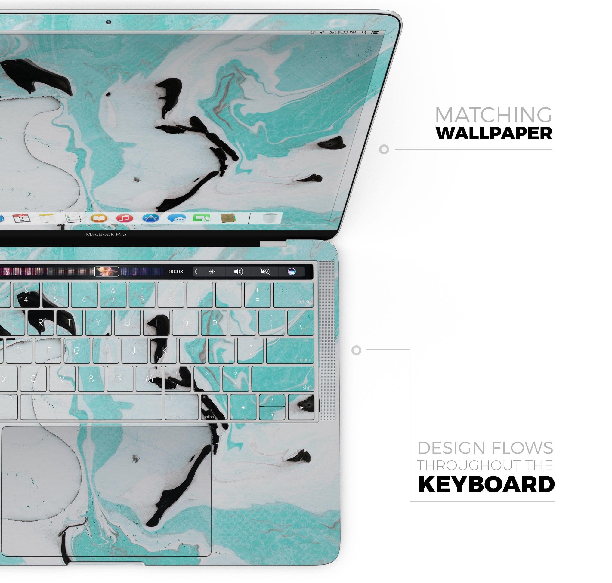 Black and teal textured marble skin decal wrap kit for MacBook, showcasing a stylish design and premium quality finish.