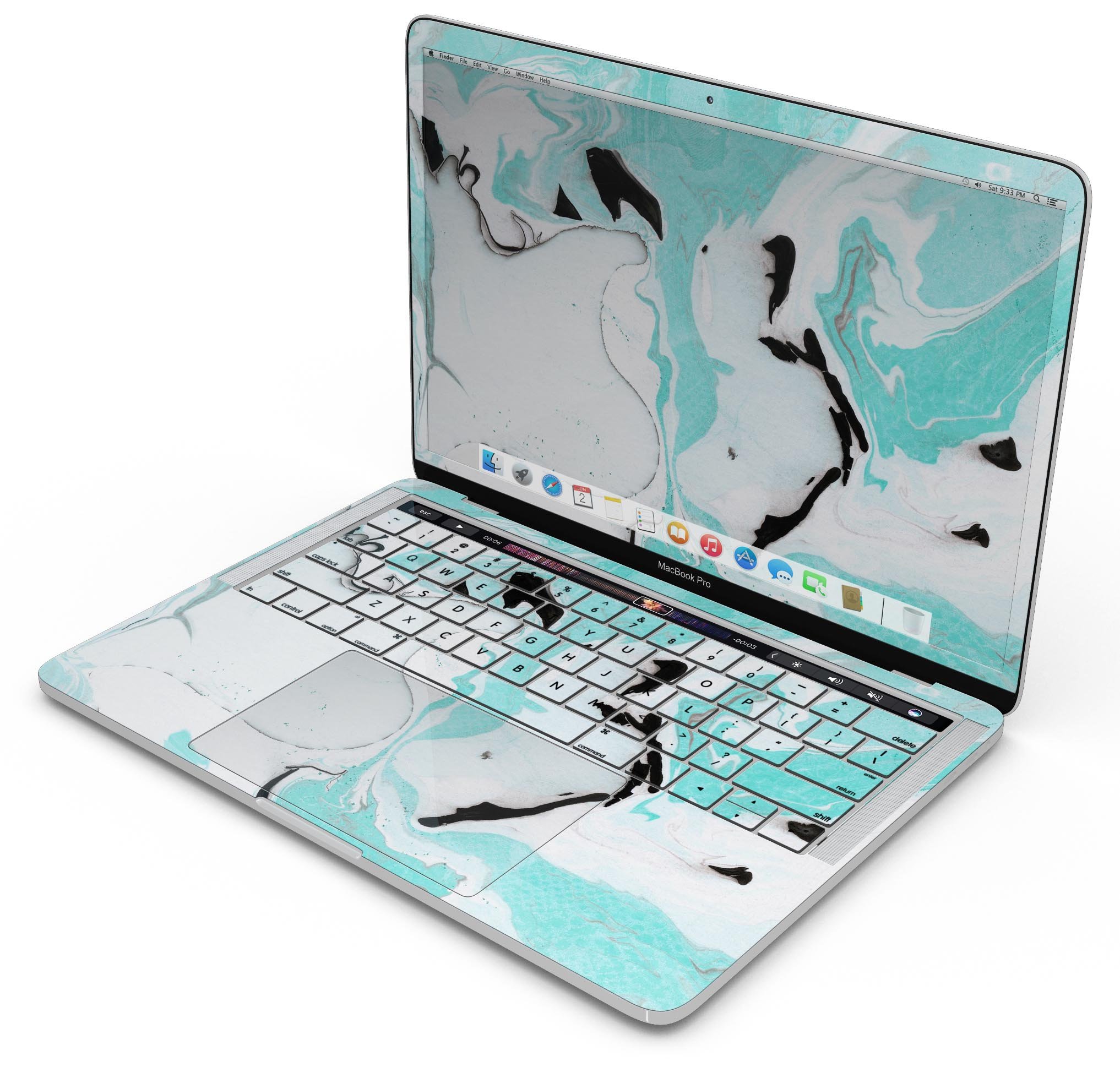 Black and teal textured marble skin decal wrap kit for MacBook, showcasing a stylish design and premium quality finish.