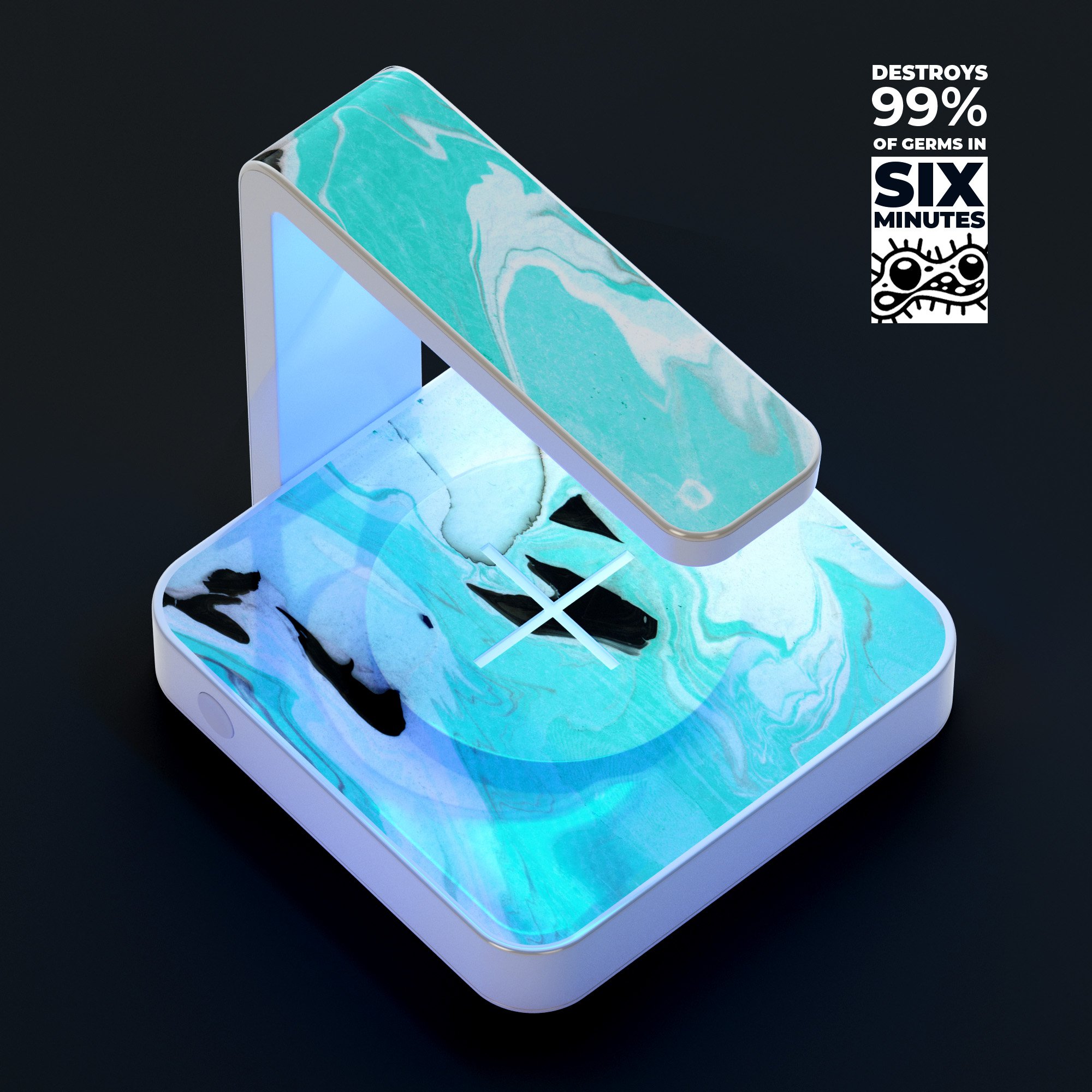 Black and Teal Textured Marble UV Germicidal Sanitizing Sterilizing Wireless Charger with phone on top, showcasing its sleek design and functionality.