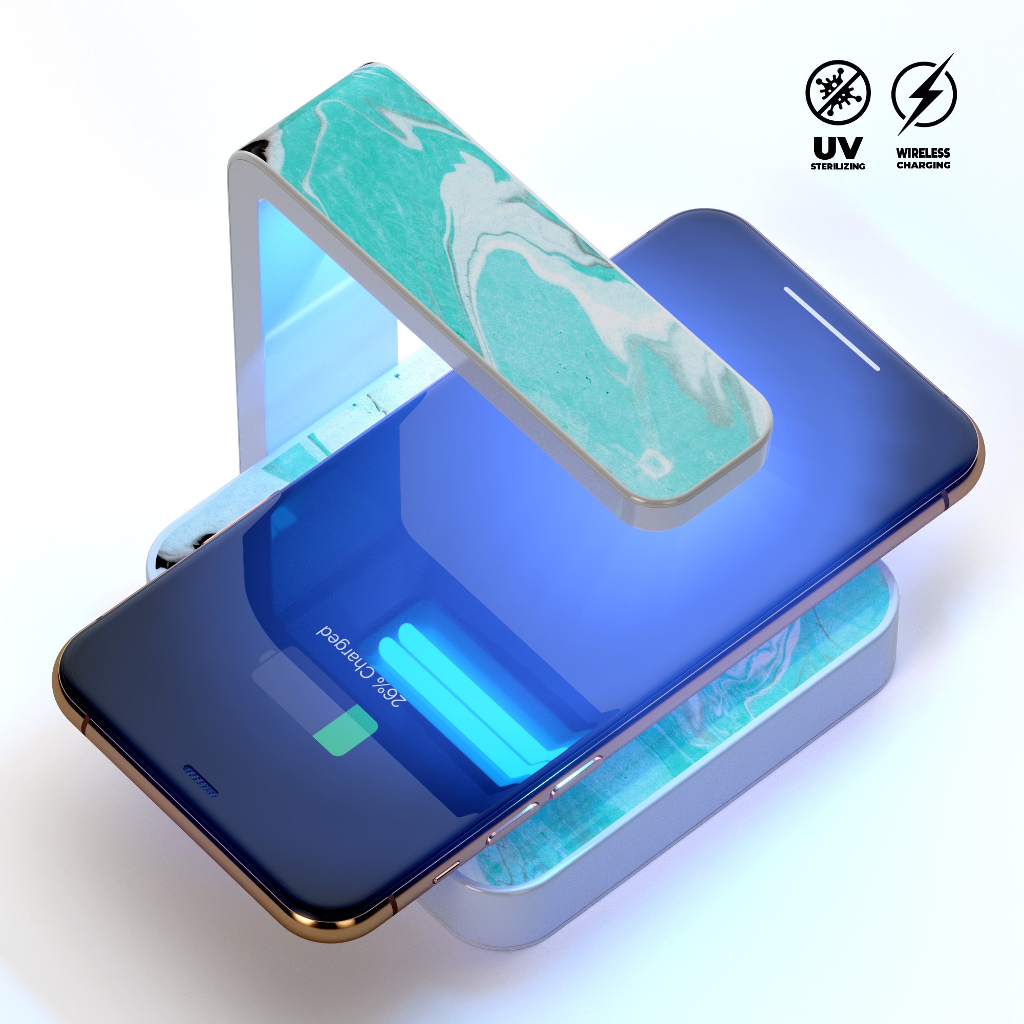 Black and Teal Textured Marble UV Germicidal Sanitizing Sterilizing Wireless Charger with phone on top, showcasing its sleek design and functionality.