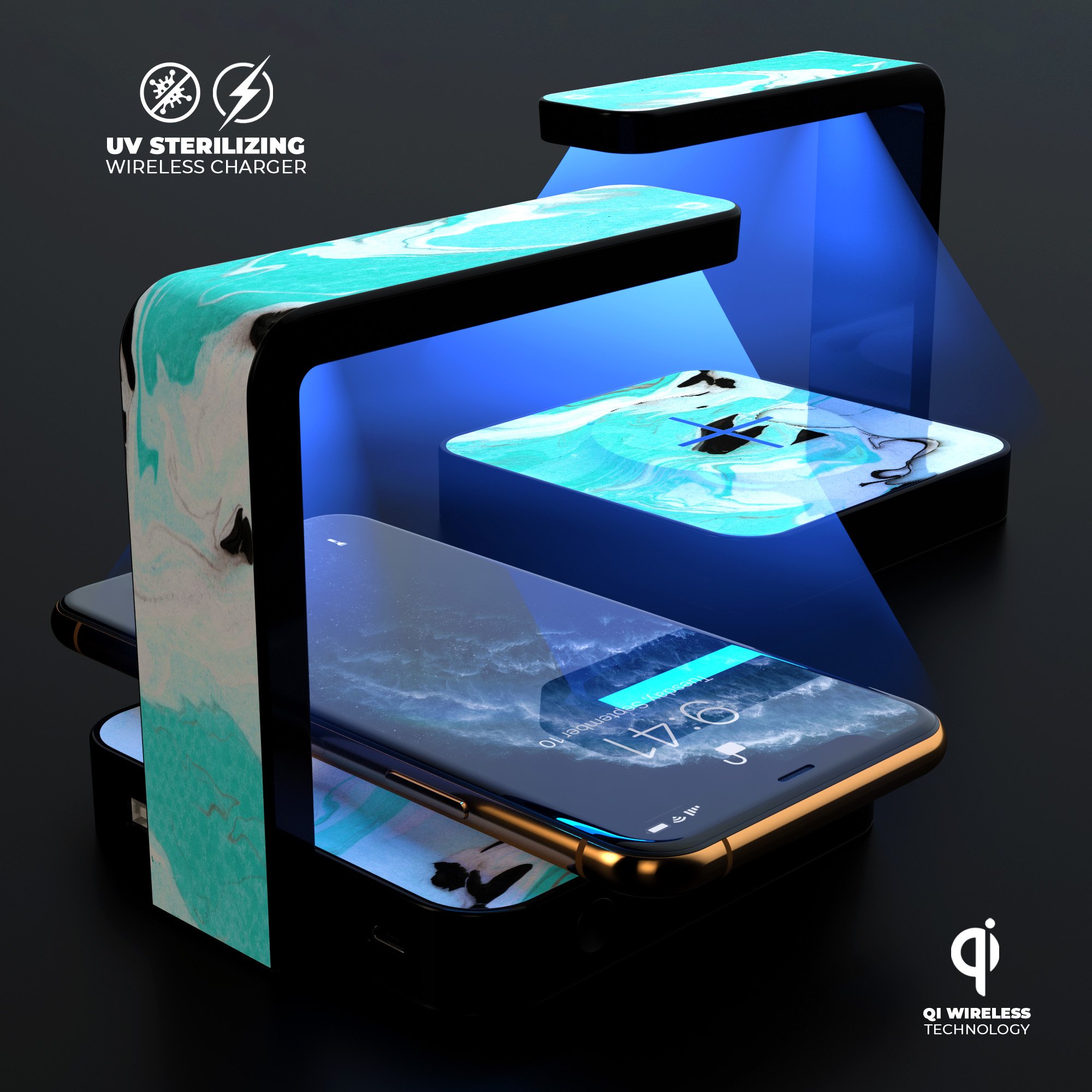 Black and Teal Textured Marble UV Germicidal Sanitizing Sterilizing Wireless Charger with phone on top, showcasing its sleek design and functionality.