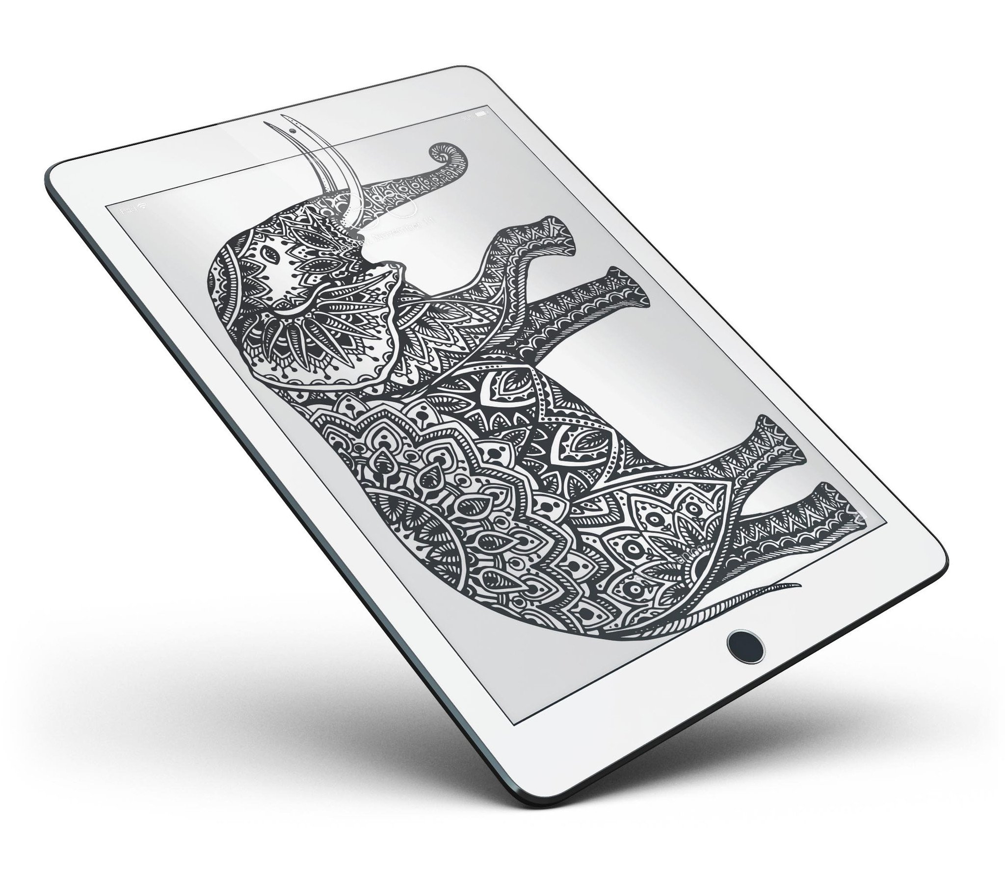 Black and White Aztec Ethnic Elephant Skin for iPad Pro, showcasing intricate design and premium vinyl material.