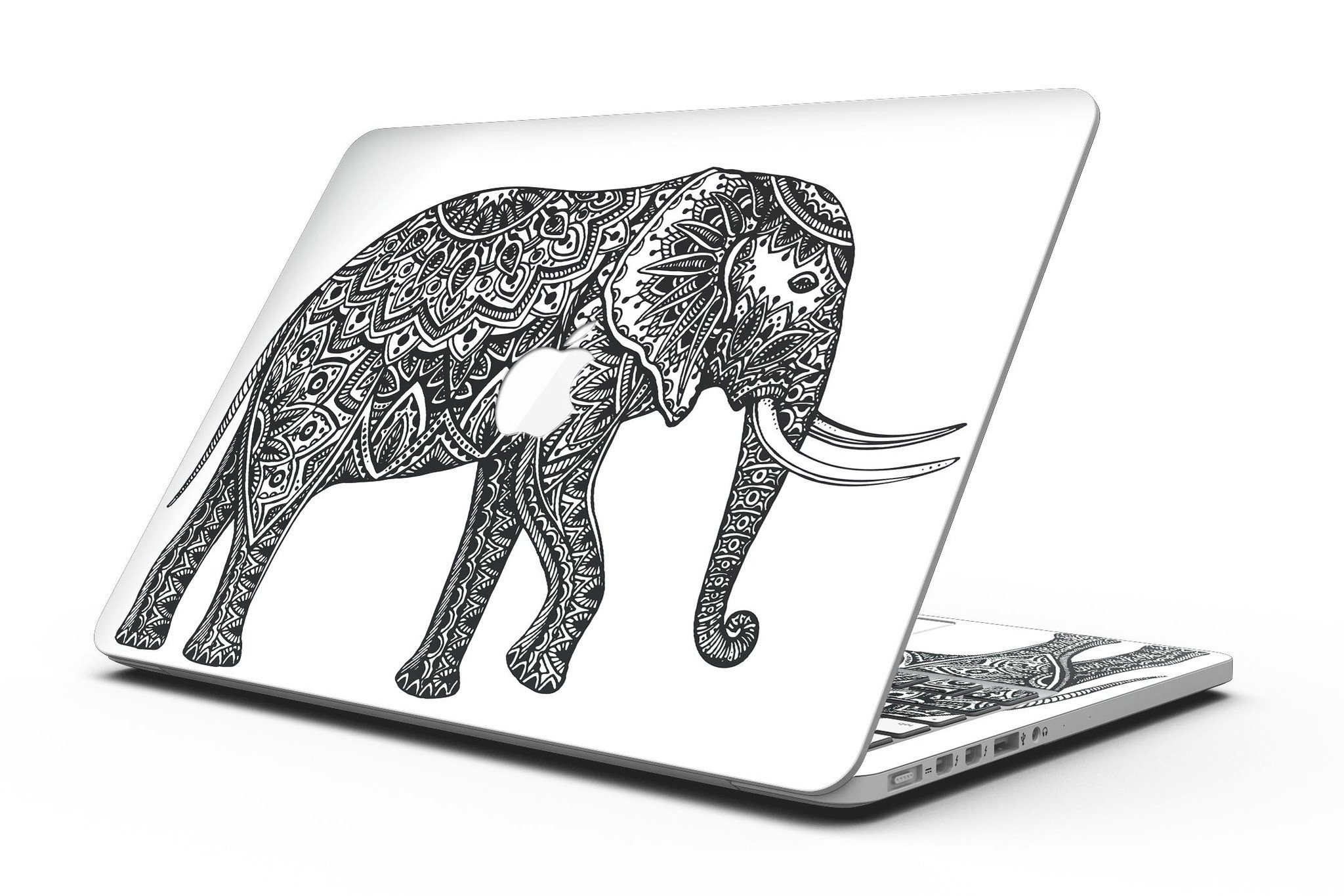 Black and White Aztec Ethnic Elephant skin for MacBook Pro, showcasing intricate patterns and vibrant design.