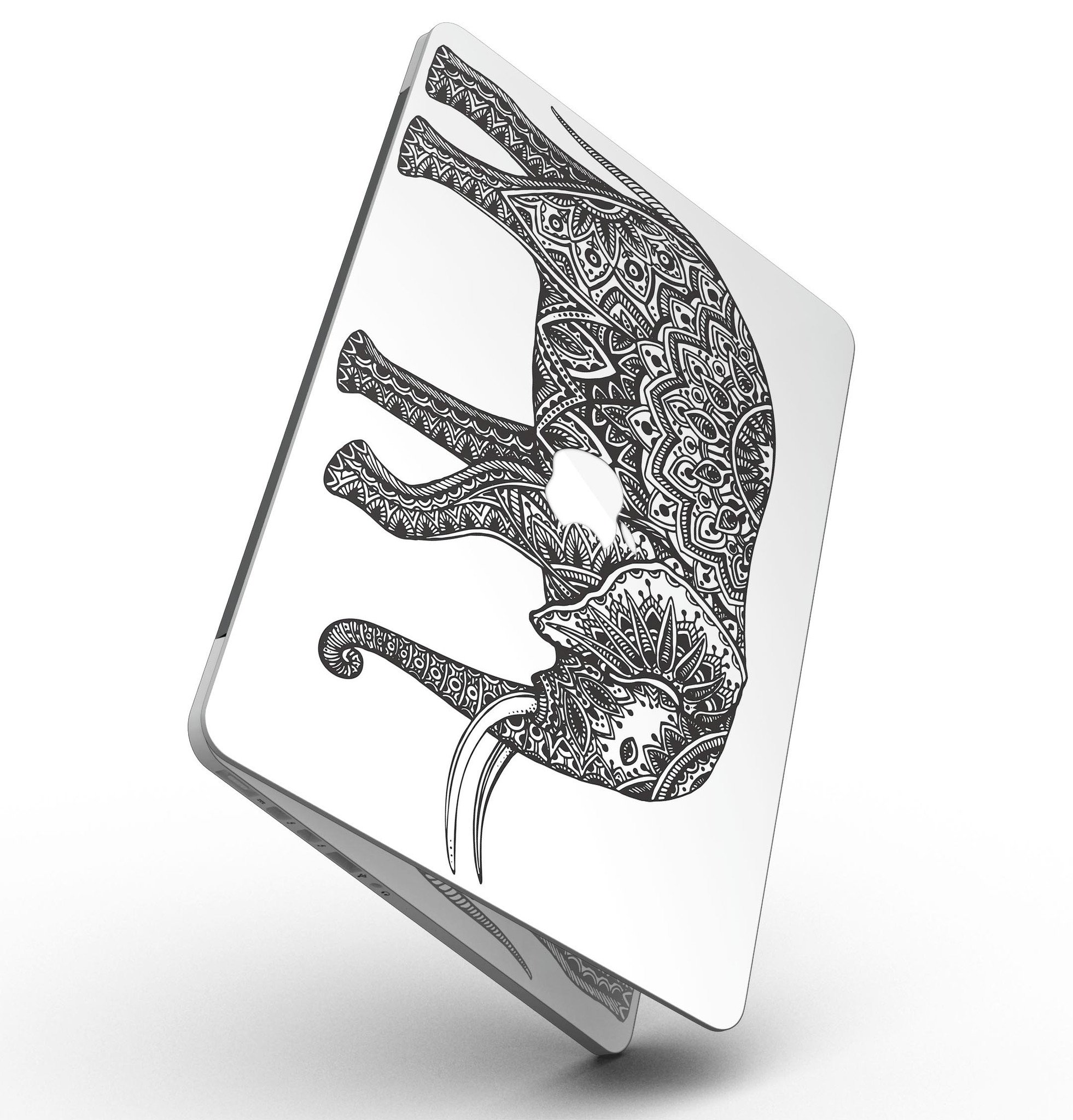 Black and White Aztec Ethnic Elephant skin for MacBook Pro, showcasing intricate patterns and vibrant design.