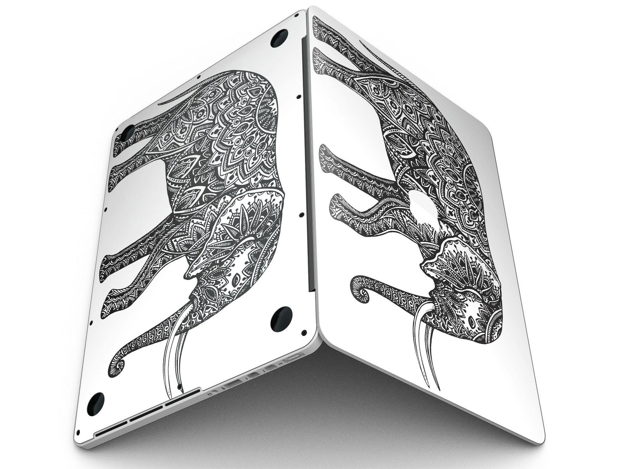 Black and White Aztec Ethnic Elephant skin for MacBook Pro, showcasing intricate patterns and vibrant design.